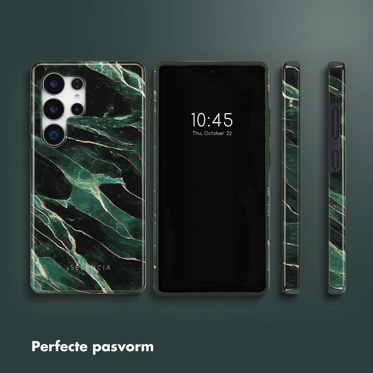 Telefoonscherm met tijd op een groene marmeren hoes.