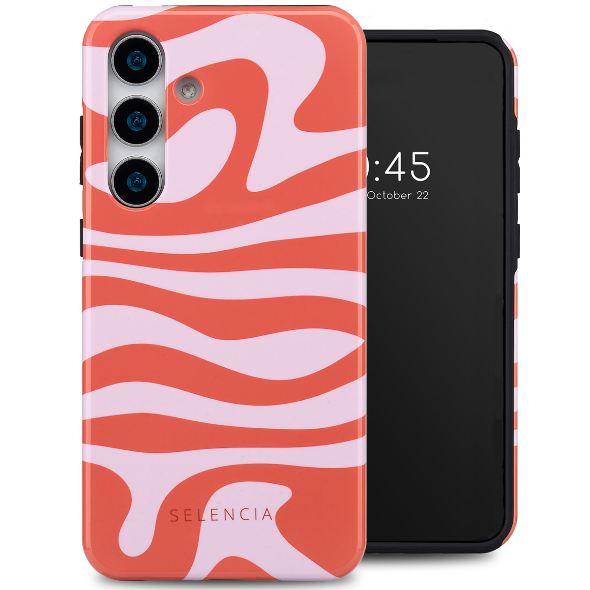 Coque de téléphone avec motif ondulé corail et rose. Téléphone à droite, affichant l'heure et la date.