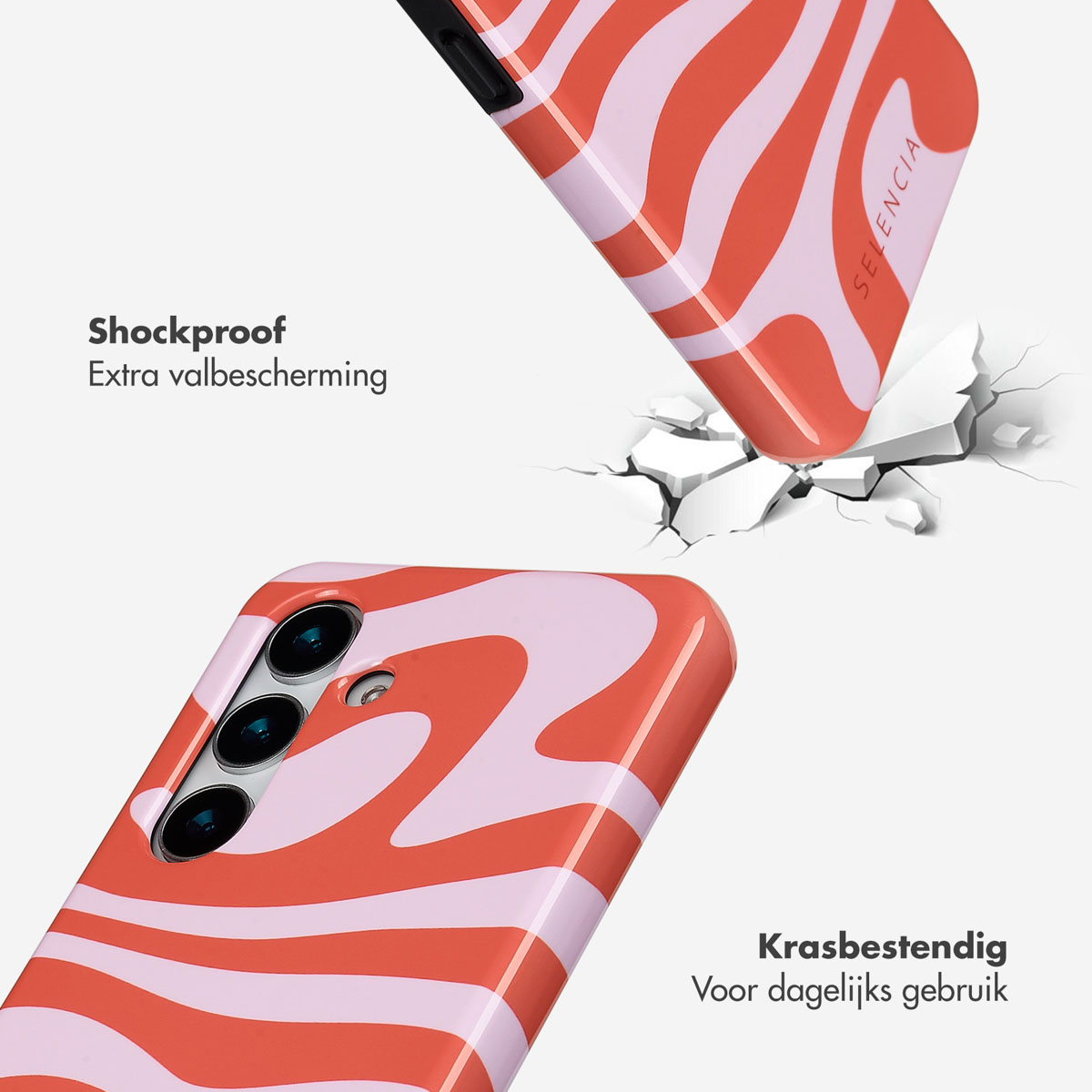 Telefoonhoesje met rood en roze golfpatroon dat valt. De woorden 'Schokbestendig' en 'Krasbestendig' zijn zichtbaar.