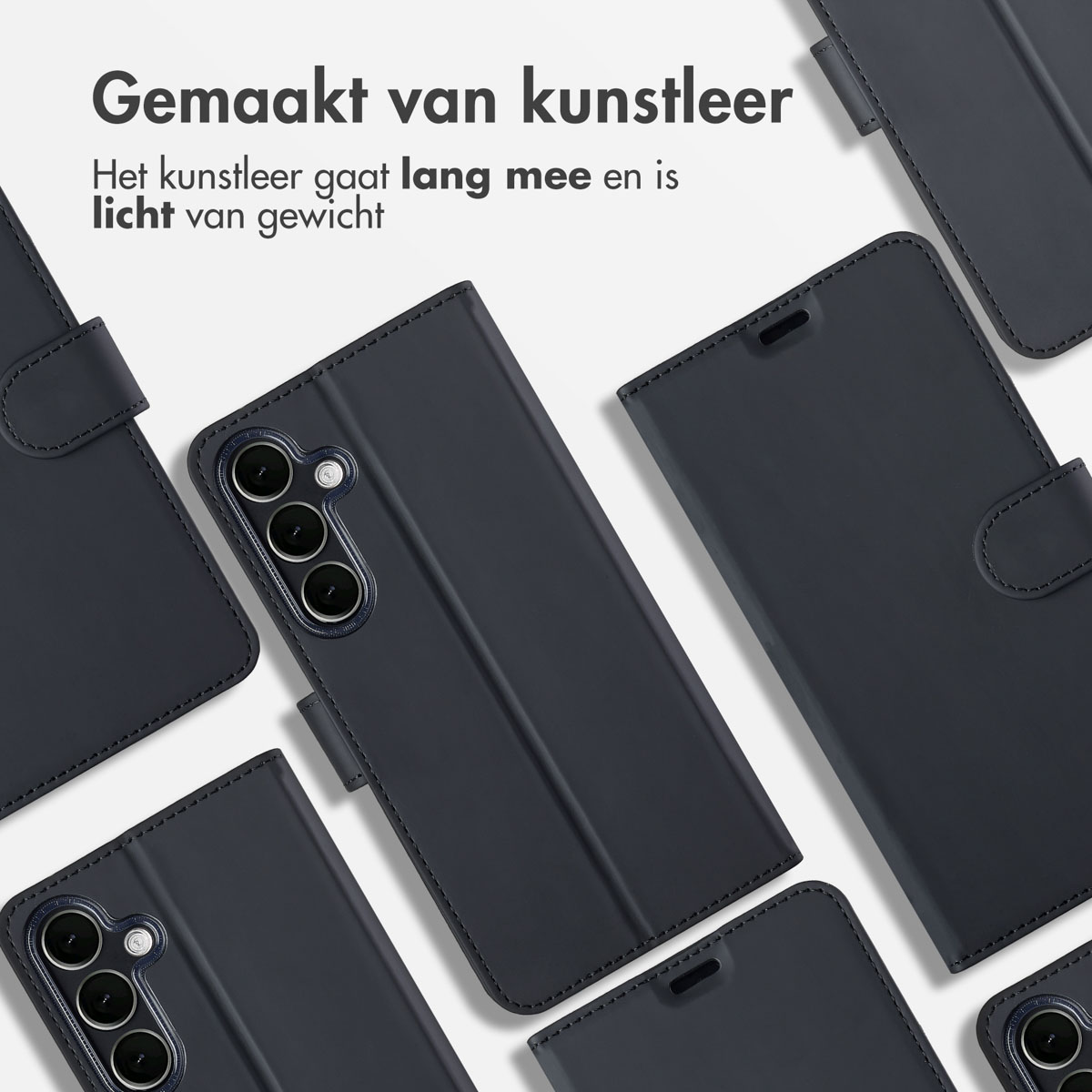 Plusieurs coques de téléphone bleu foncé. Certaines sont ouvertes, montrant des caméras de téléphone. Texte décrit le matériau.