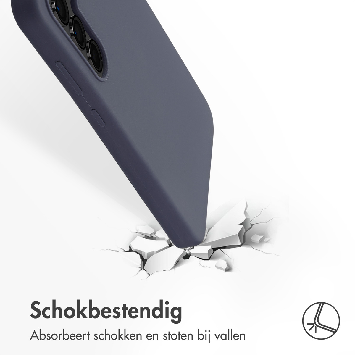 Blauwe telefoonhoes raakt de grond, waardoor deze scheurt. Tekst: Schokbestendig. Absorbeert schokken bij vallen.