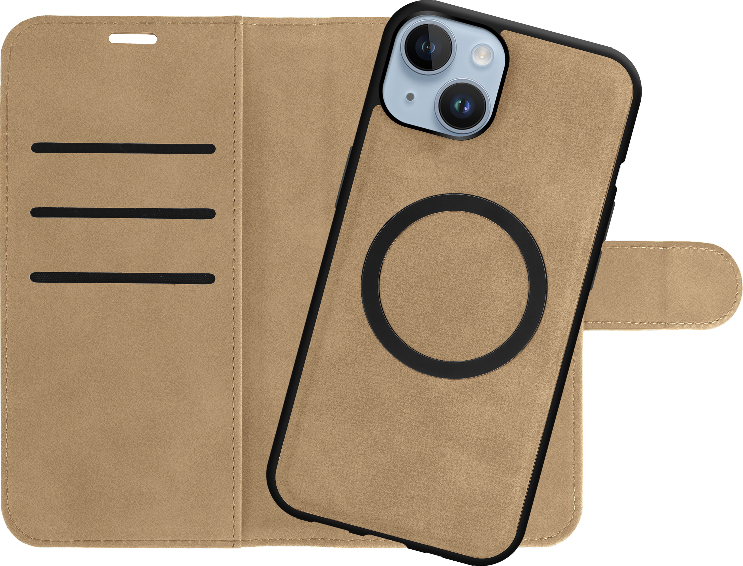 Beige Handyhülle mit schwarzem Ring. Das Telefon befindet sich in der geöffneten Hülle.