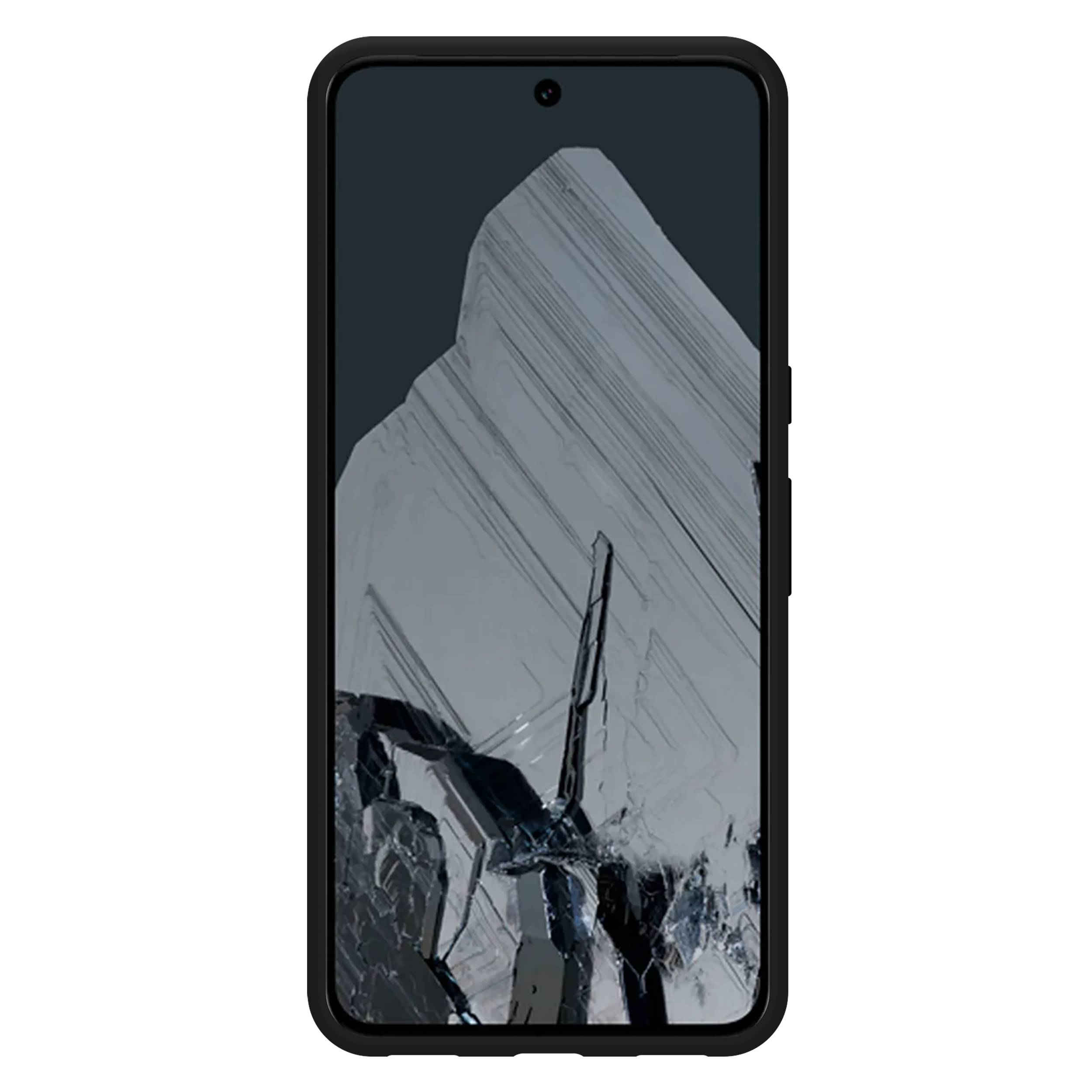 Schwarzes Telefon, Bildschirm zeigt grauen Berg mit dunklem Hintergrund auf schwarzem Hintergrund.