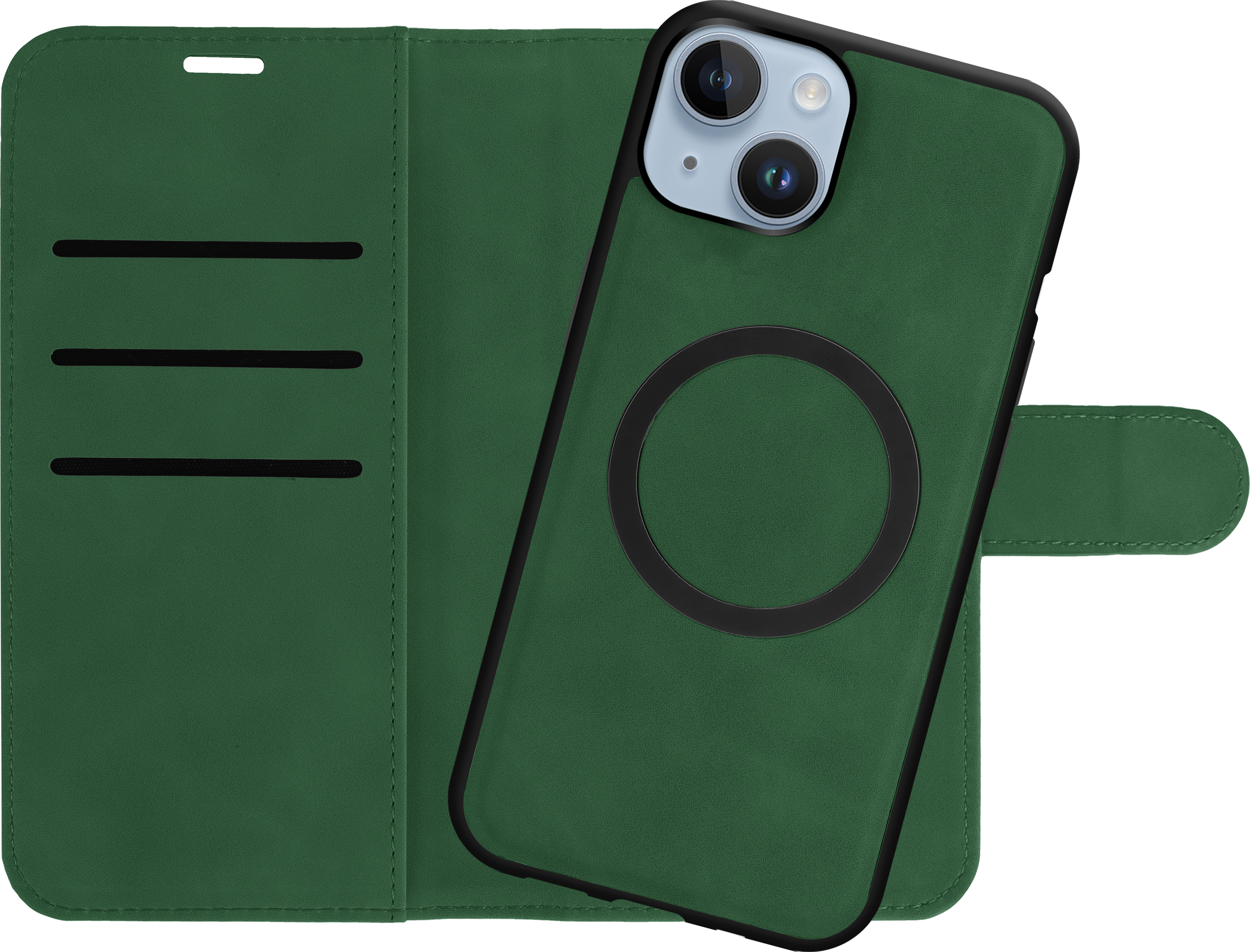 Grüne Handyhülle mit einem schwarzen Kreis auf der Rückseite und einem Telefon darin.