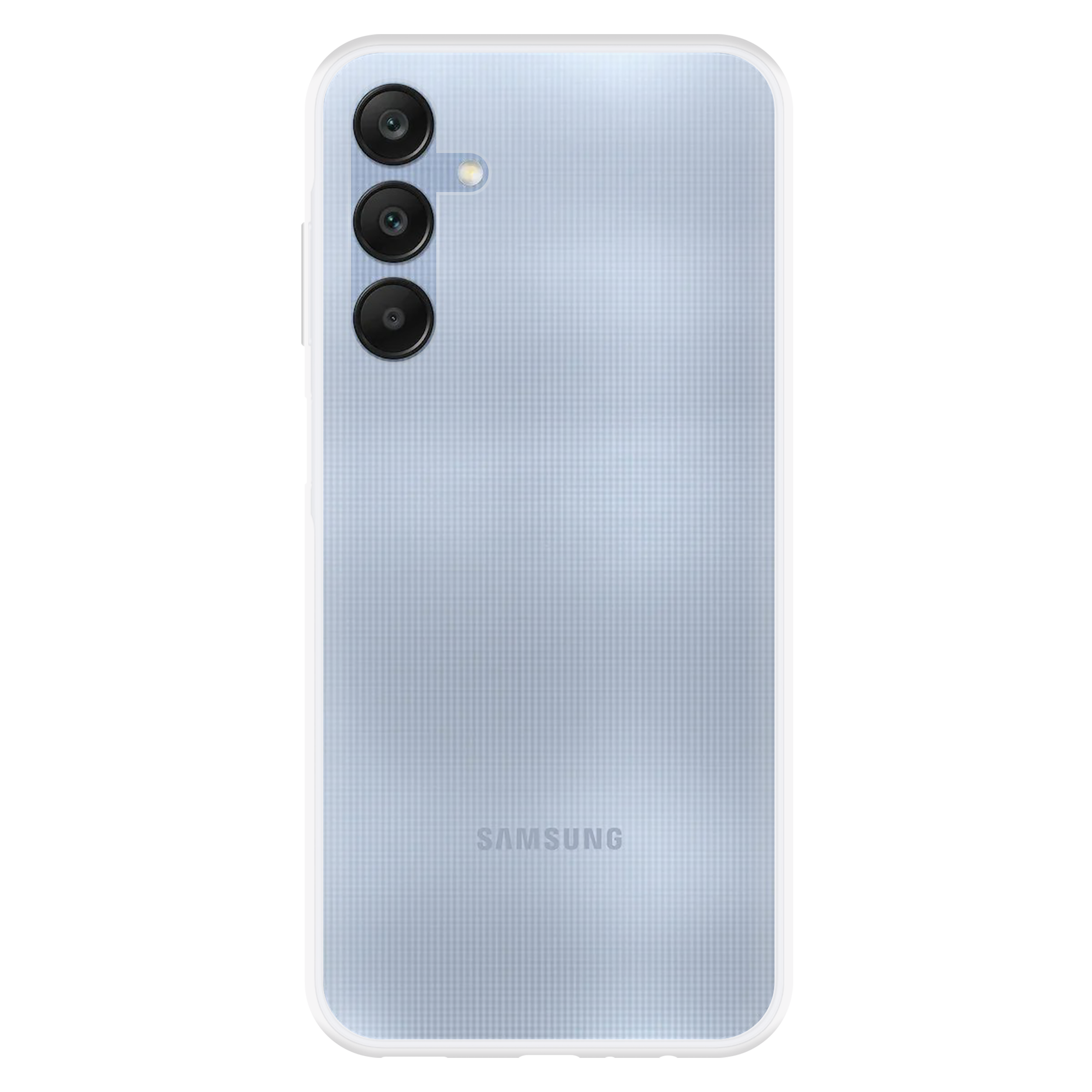 Die Rückseite eines hellblauen Smartphones. Es hat drei Kameras und ein Logo.
