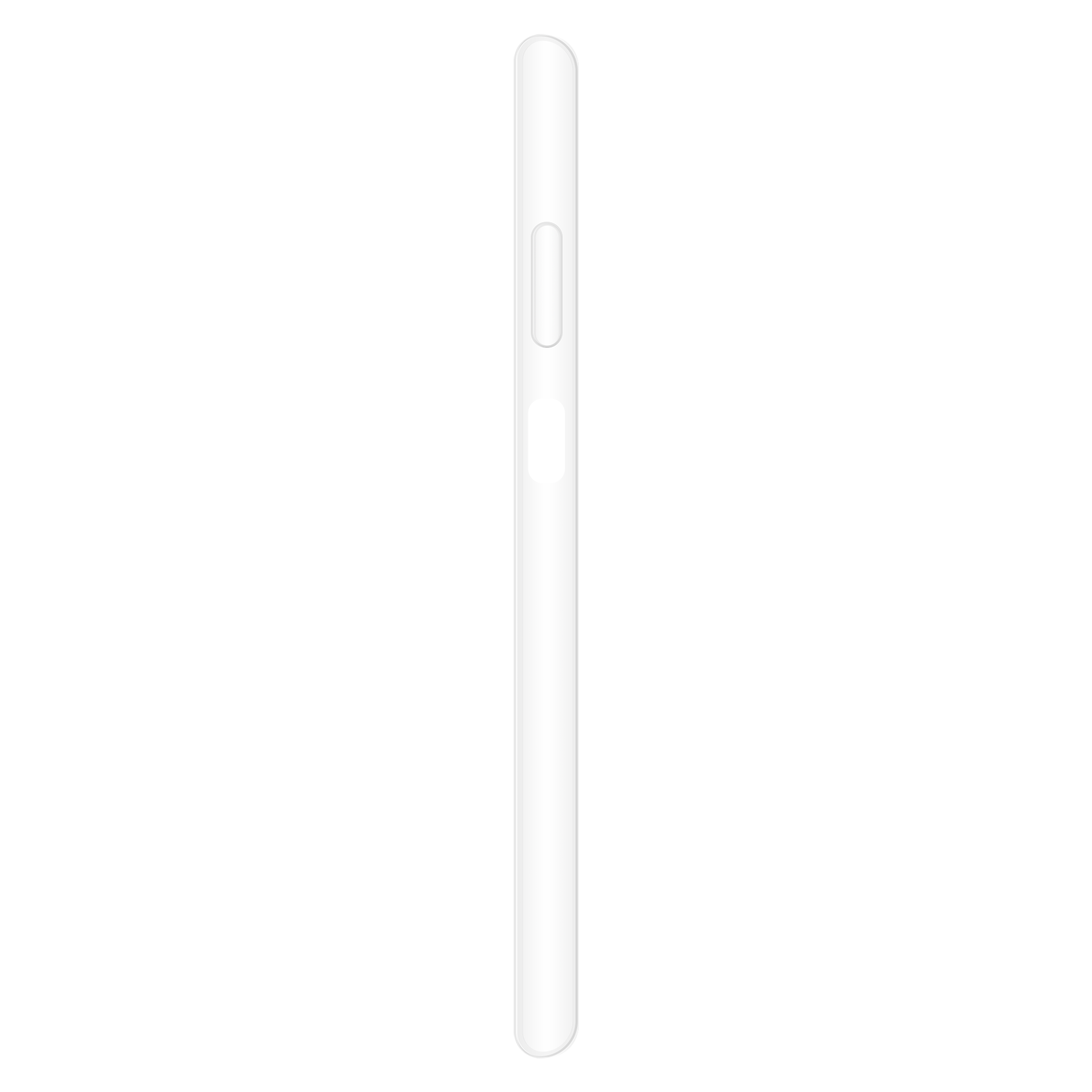 Weißes Smartphone, Seitenansicht, mit Power- und Lautstärketasten, vor schwarzem Hintergrund.