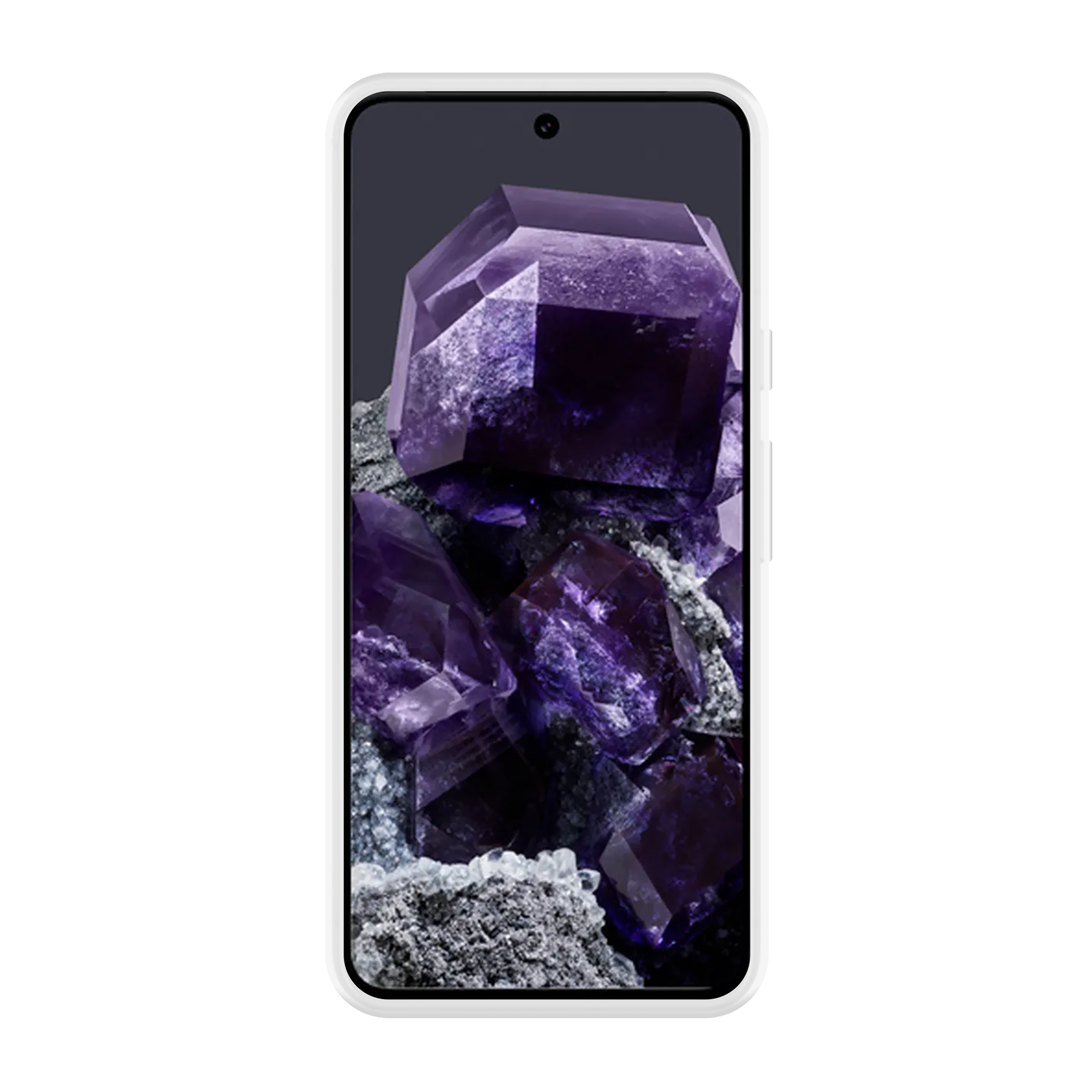 Smartphone-Bildschirm mit lila Kristallen auf dunkelgrauem Hintergrund.