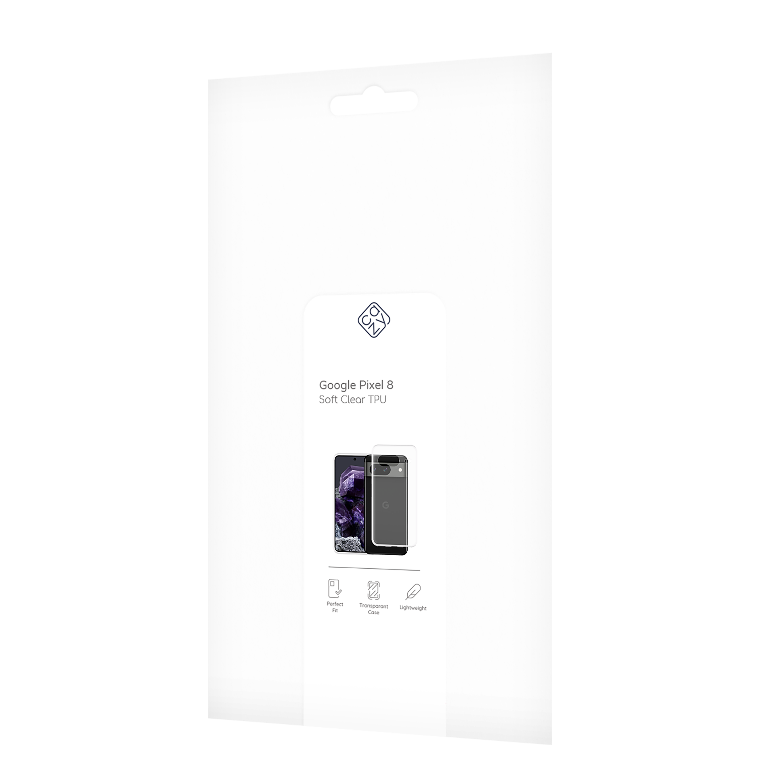 Eine transparente Displayschutzfolienverpackung für Google Pixel 8 mit einem Telefonbild und Text auf weißem Hintergrund.