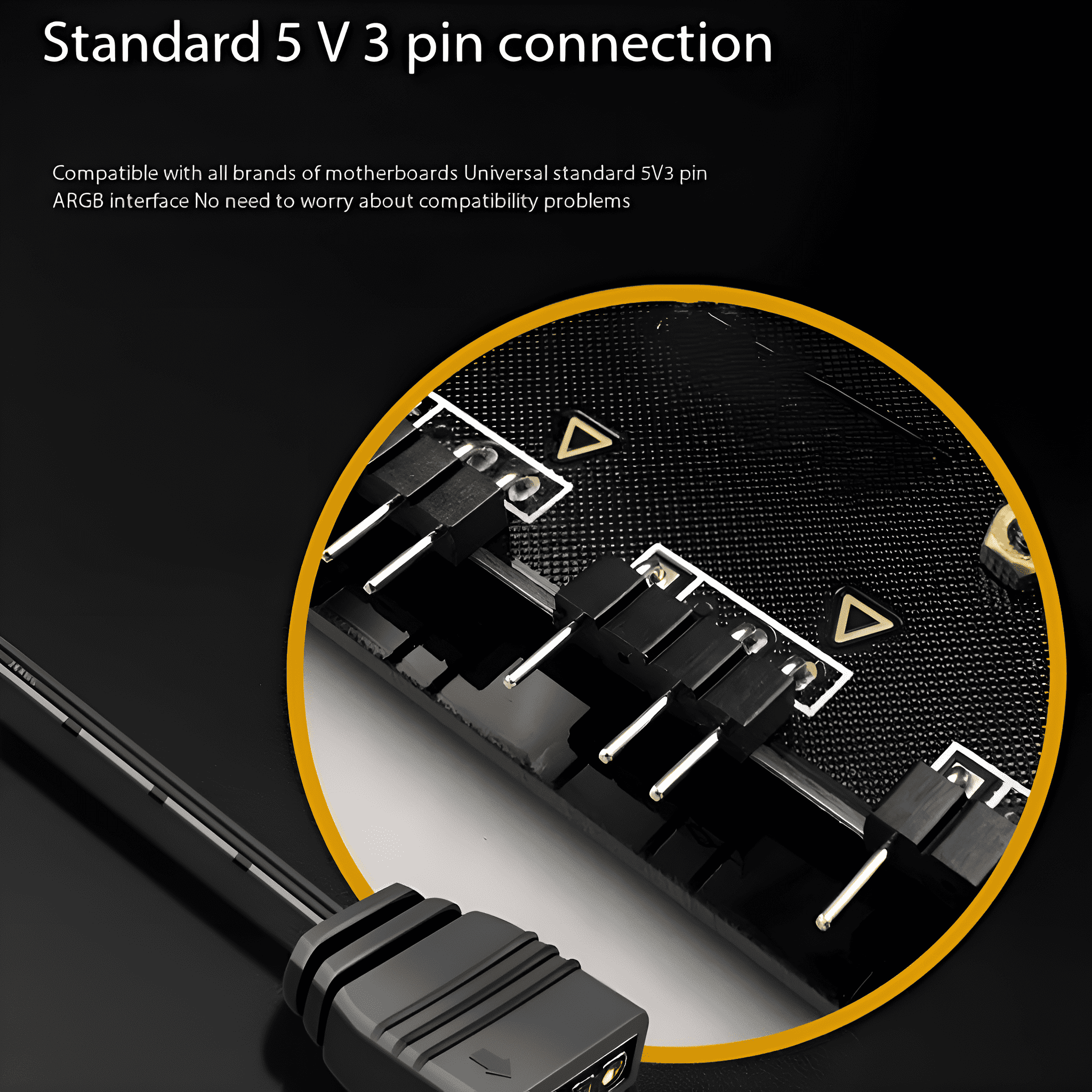 Schwarzer Stecker mit mehreren Pins und 5V3-Pin-Anschluss-Text.