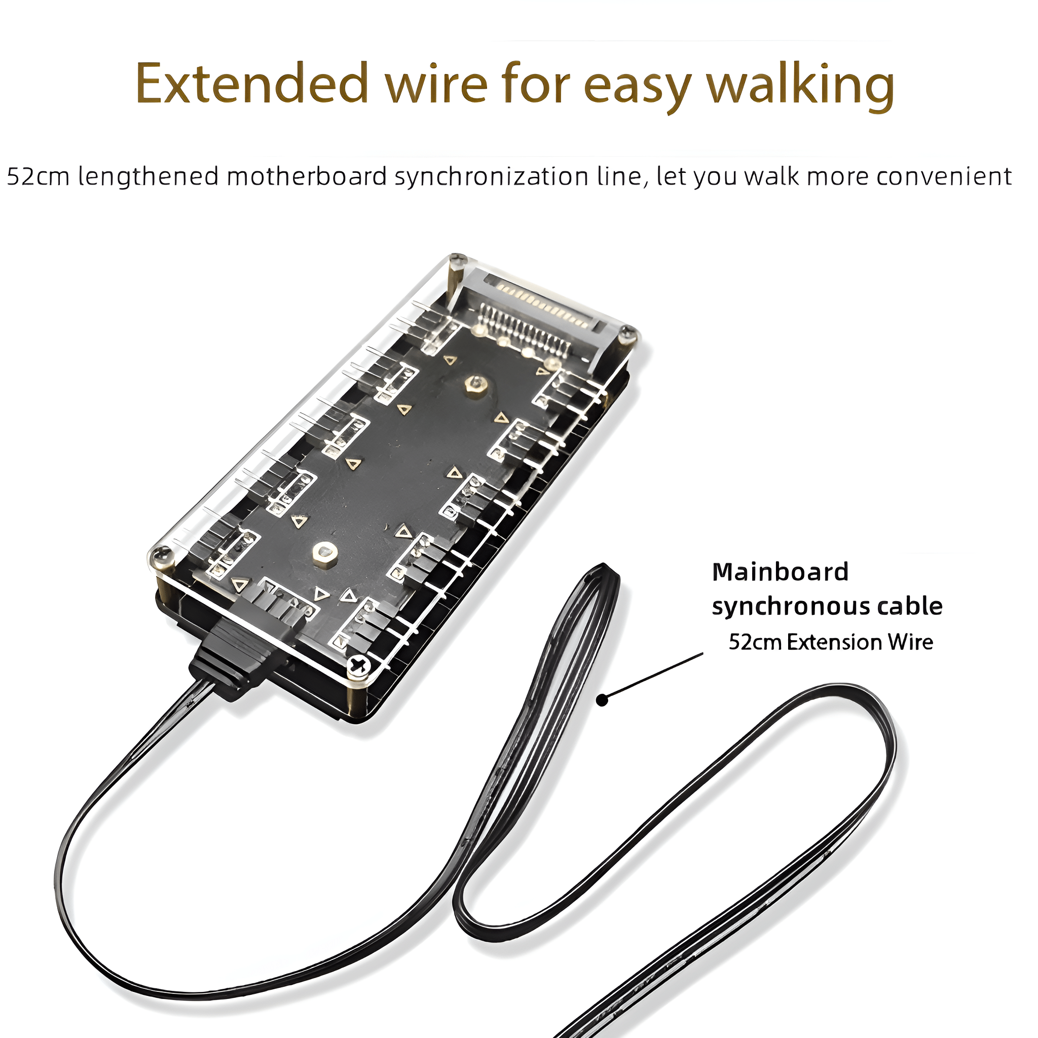 Eine schwarze elektronische Platine mit angeschlossenem Kabel. Der Text lautet "Verlängerungskabel für einfaches Gehen".