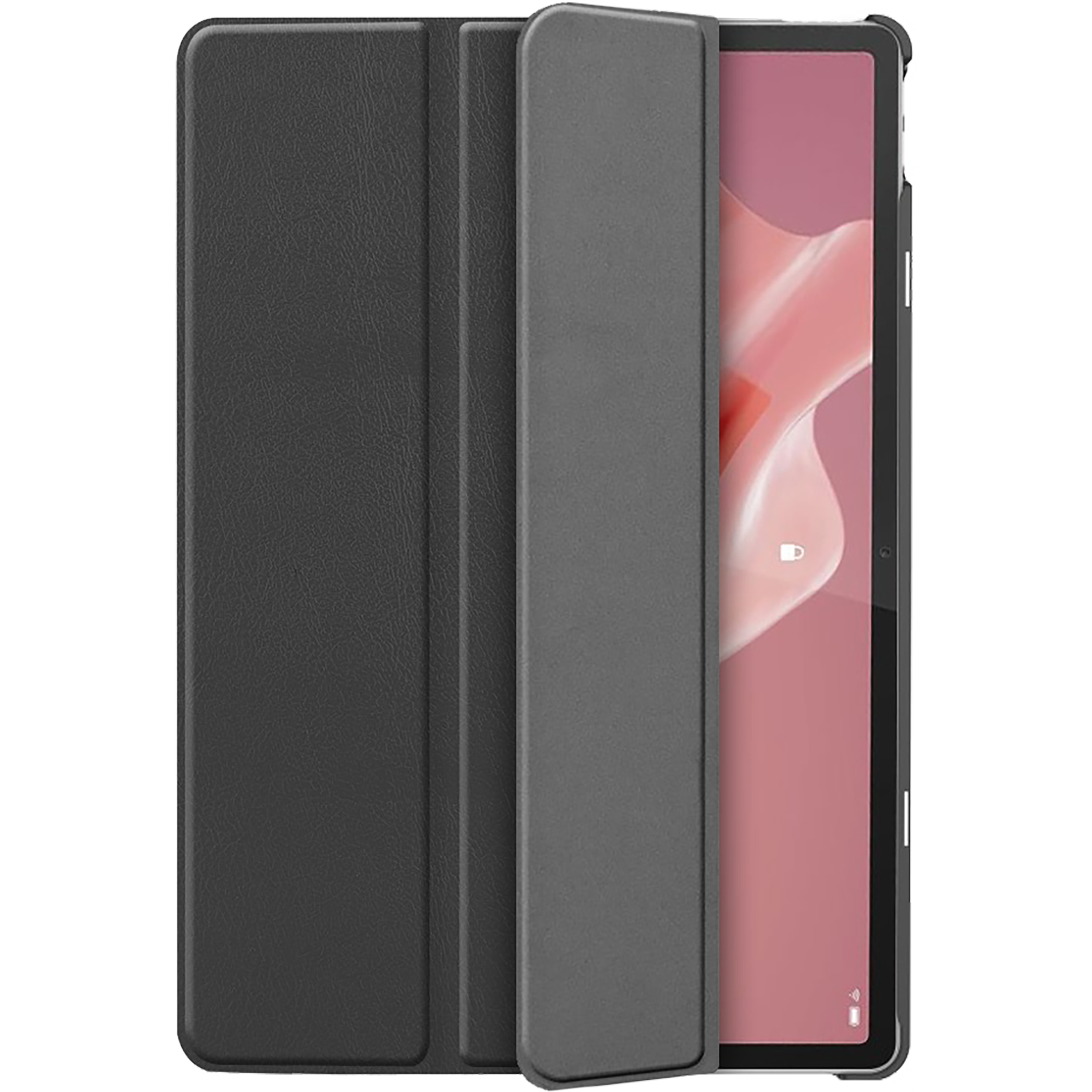 Tablet in schwarzem Etui, teilweise geöffnet, mit rosa Display.