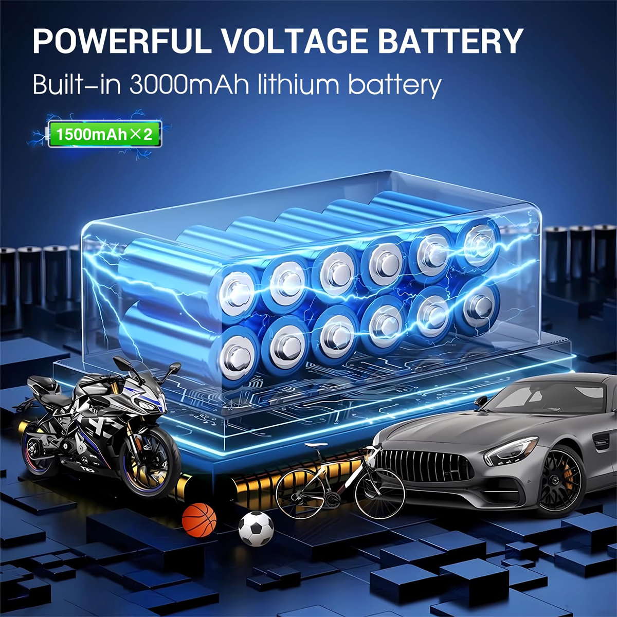 Ein Diagramm einer Batterie mit Auto, Motorrad und anderen Gegenständen.