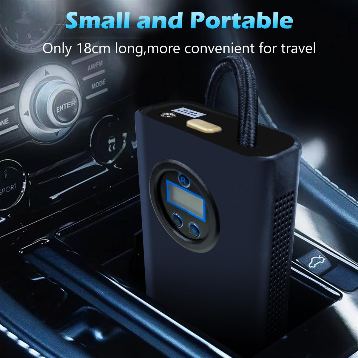 Marineblaue tragbare Luftpumpe, mit Digitalanzeige und Knöpfen. In einem Auto.