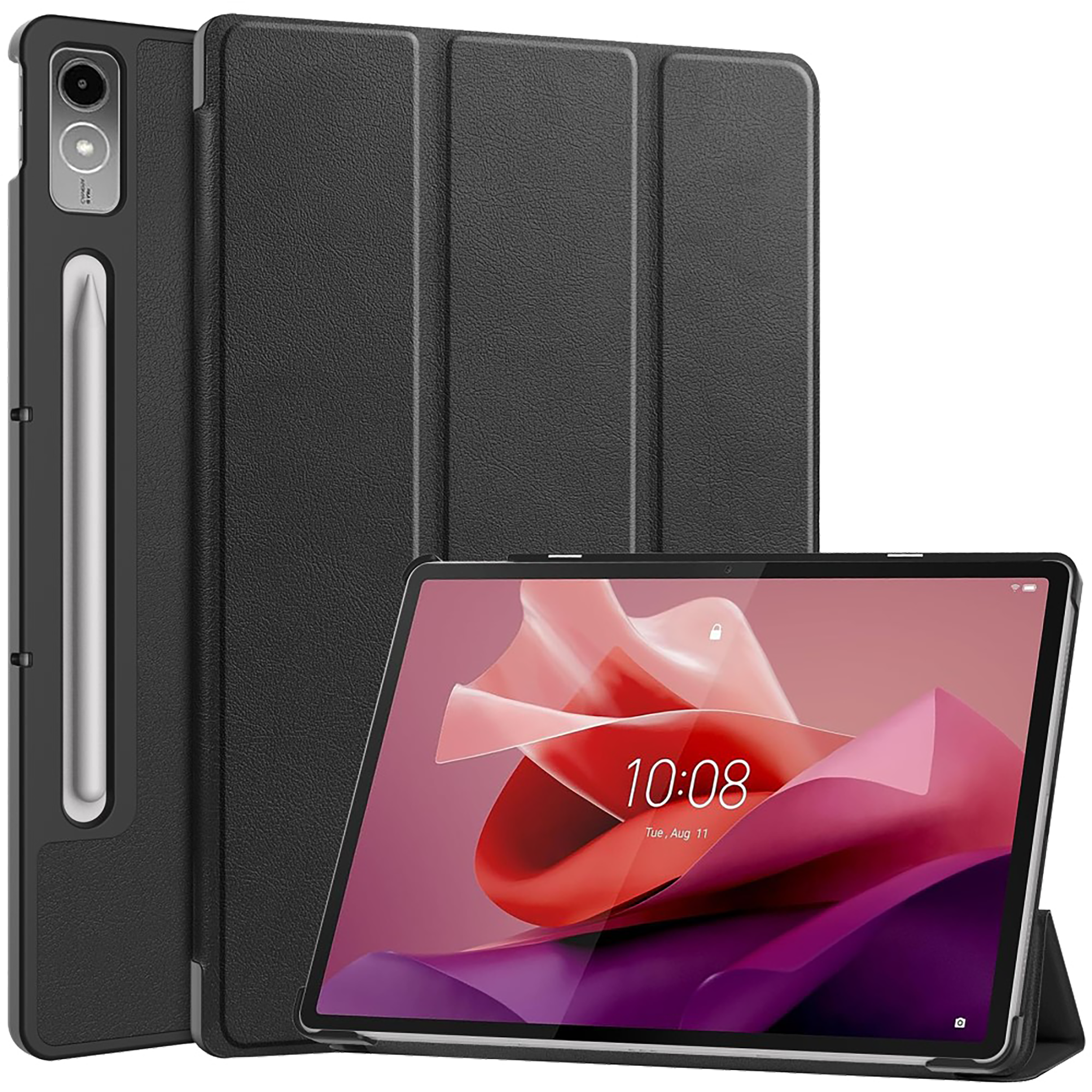 Schwarzes Tablet mit Stift, Hülle geöffnet, Bildschirm sichtbar, auf schwarzem Grund.