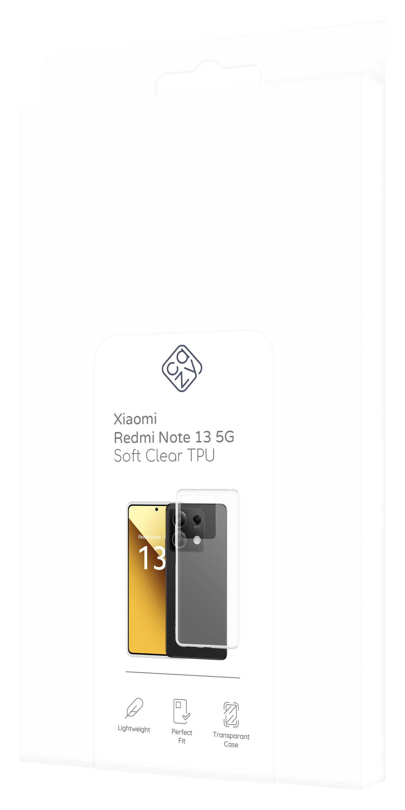 Handyhüllenverpackung. Auf der Box steht 'Xiaomi Redmi Note 13 5G Soft Clear TPU'.