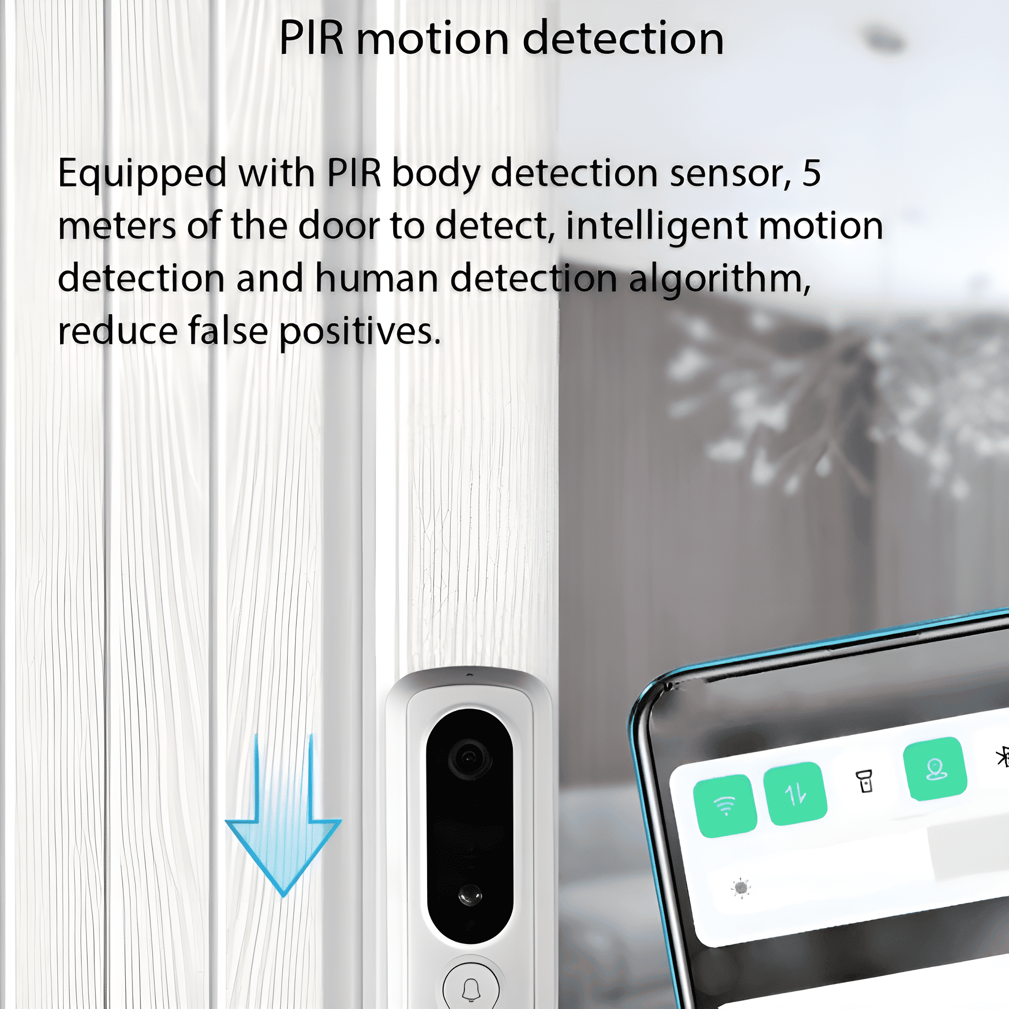 Eine weiße Smart-Türklingel und ein Telefon, das eine App-Oberfläche zeigt.