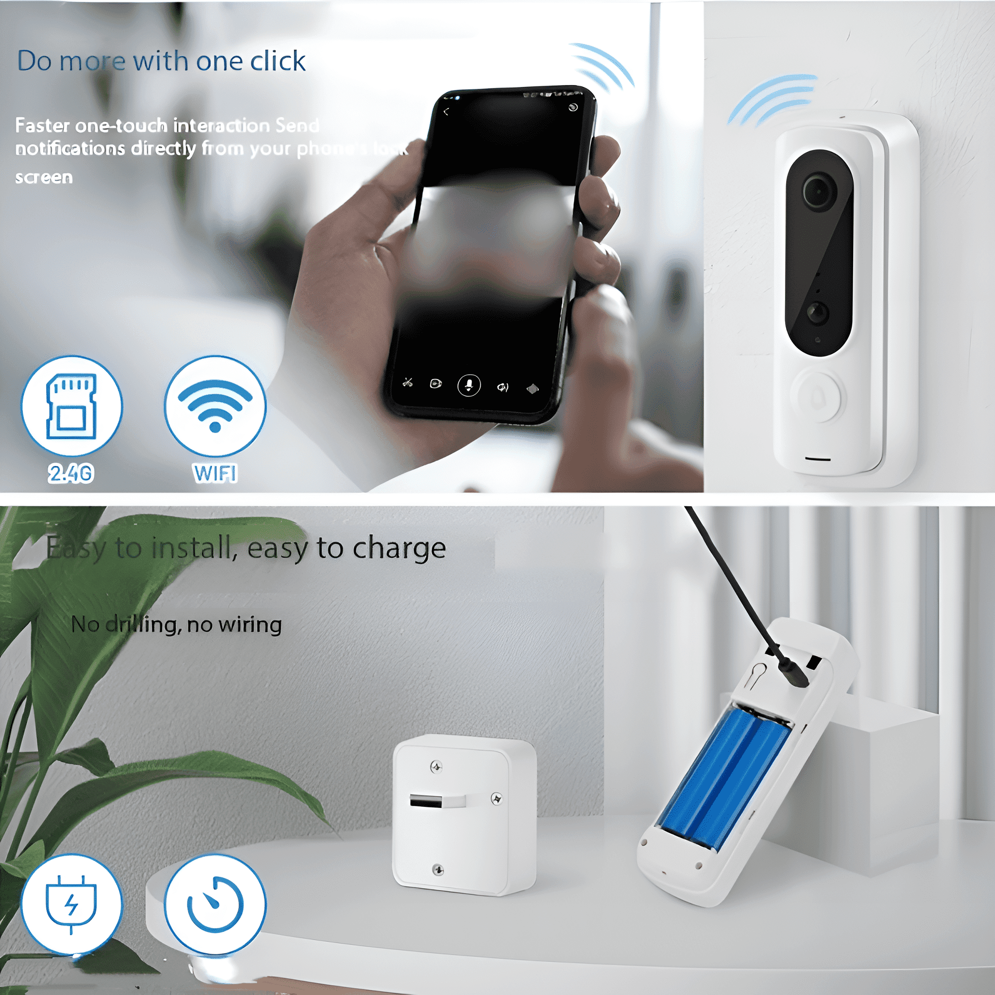 Eine intelligente Türklingel und ein Telefon mit Text, der WLAN und 2,4G beschreibt. Außerdem eine kleine Ladestation.