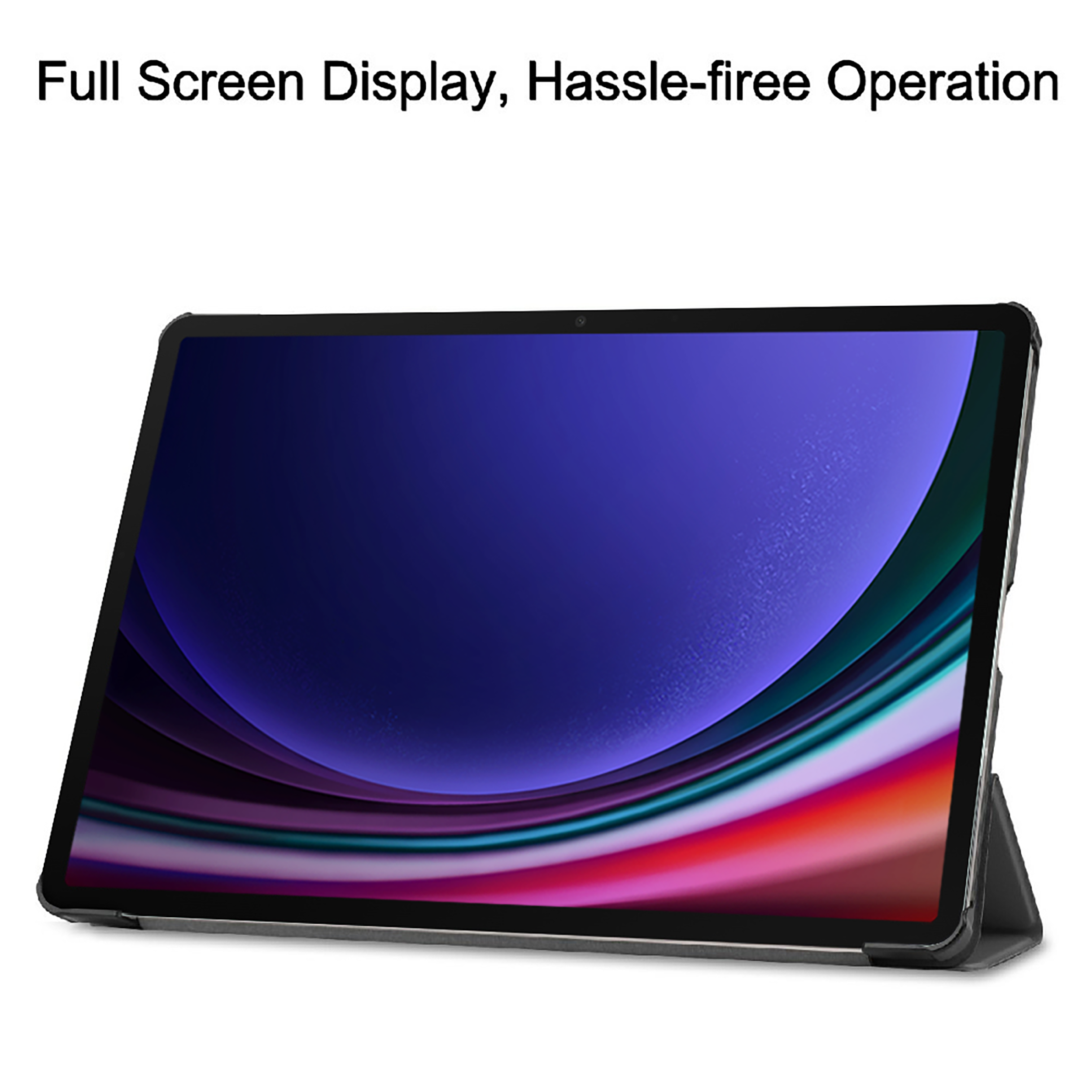 Ein schwarzes Tablet, das auf einem Ständer hochgestellt ist, mit einem dunklen Bildschirm. Der Hintergrund ist verschwommen.