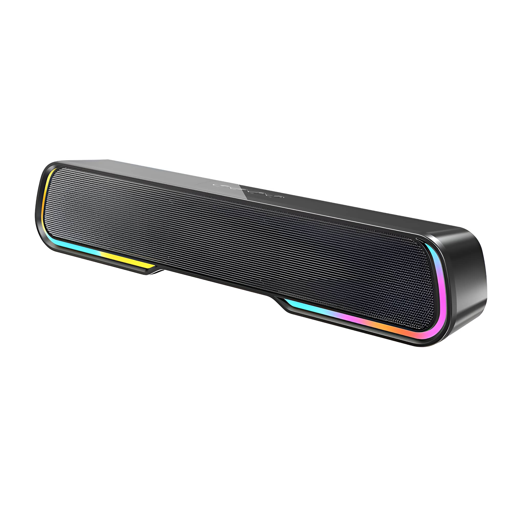 Schwarze Soundbar mit RGB-Beleuchtung vorne und an den Kanten, auf weißem Grund.