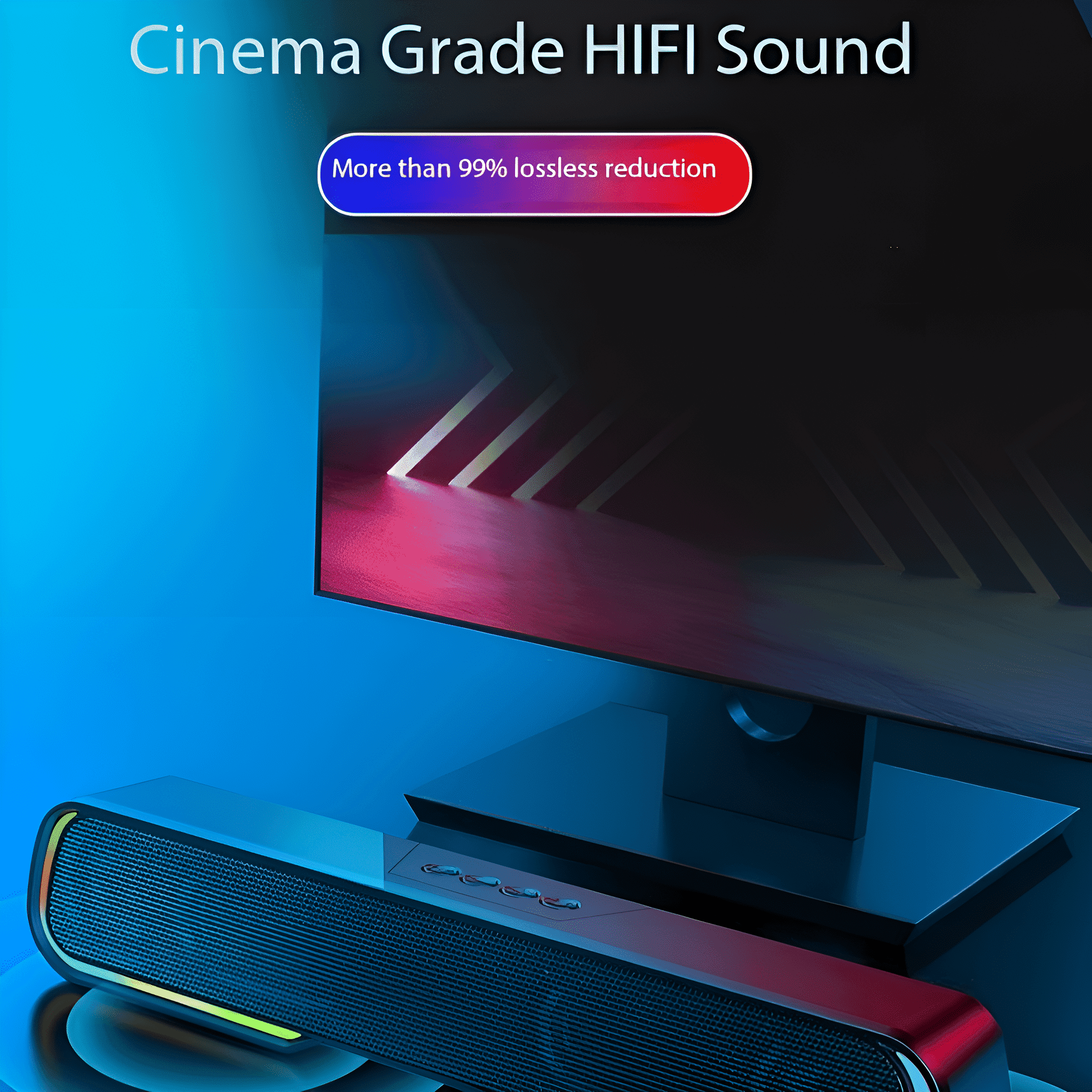 Eine Soundbar vor einem großen Bildschirm. Die Soundbar hat ein rot-schwarzes Design.