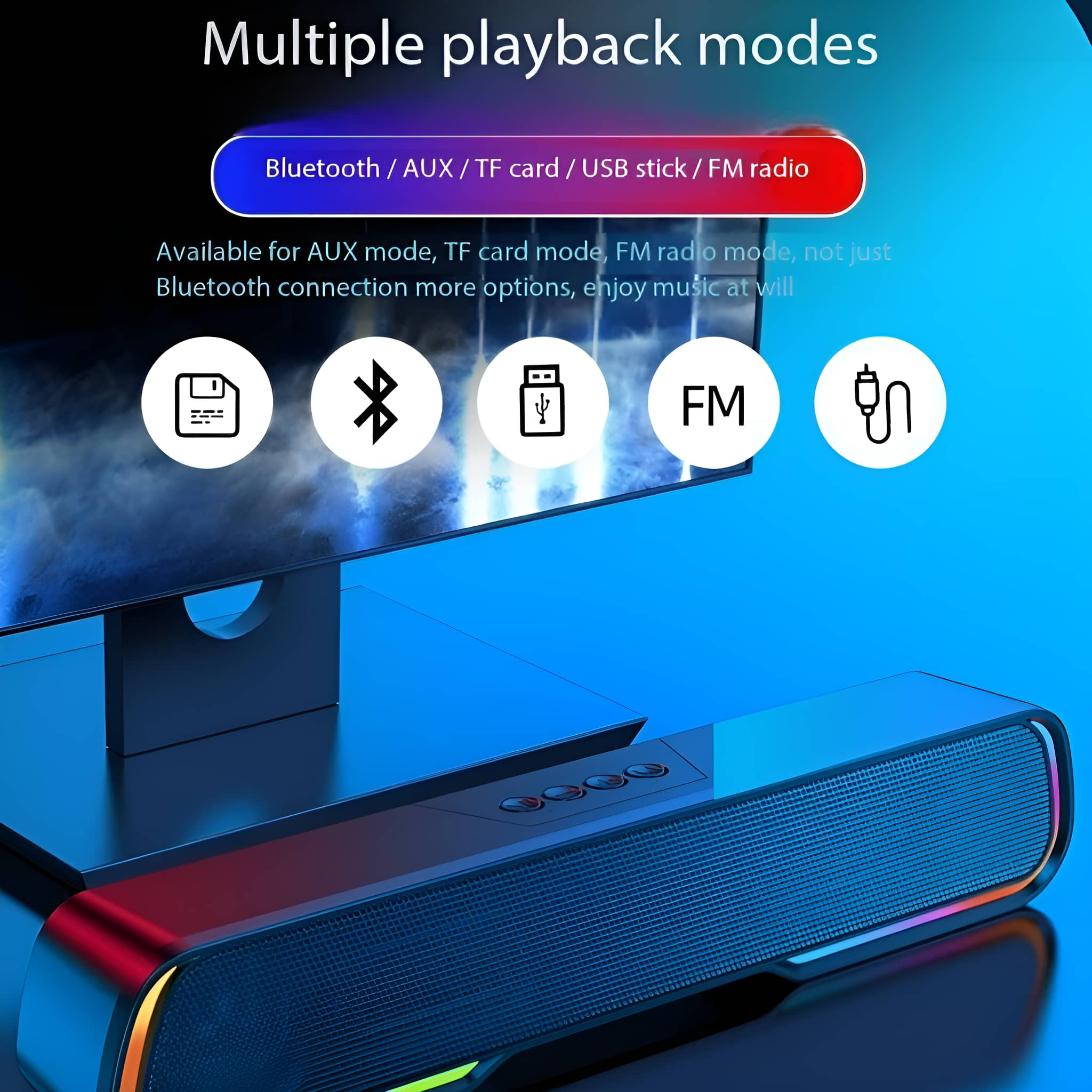 Eine Soundbar mit mehreren Wiedergabemodi. Der Hintergrund ist blau, dahinter ein Monitor.