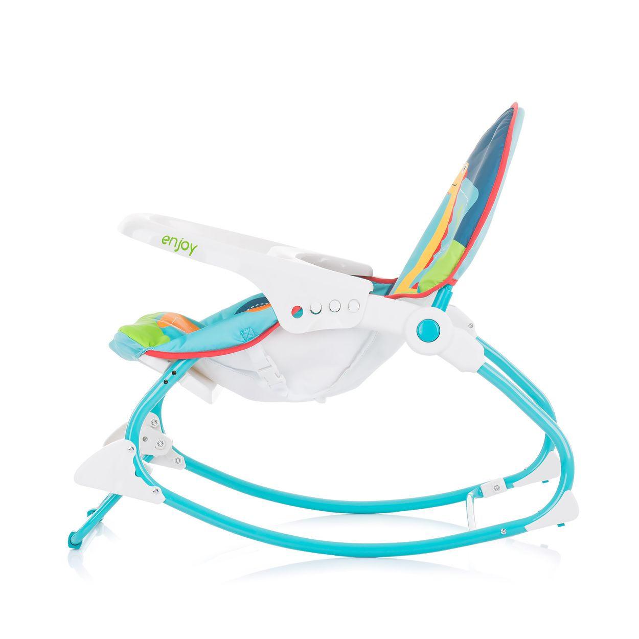 Ein blau-weißer Babywippe mit gemustertem Sitz, weißer Hintergrund.