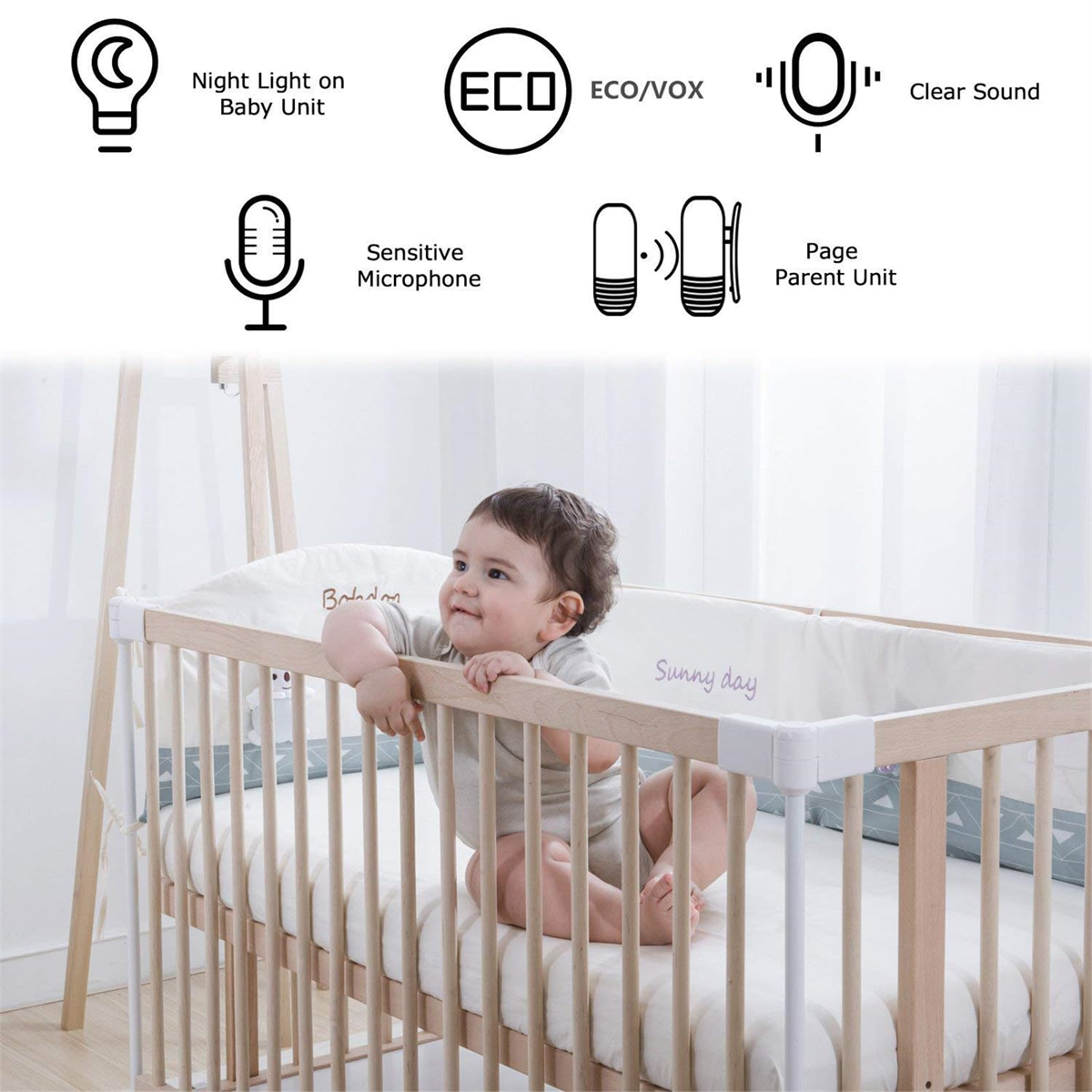 Ein Baby im Kinderbett, mit Symbolen und Text, die Funktionen eines Babyphones zeigen.