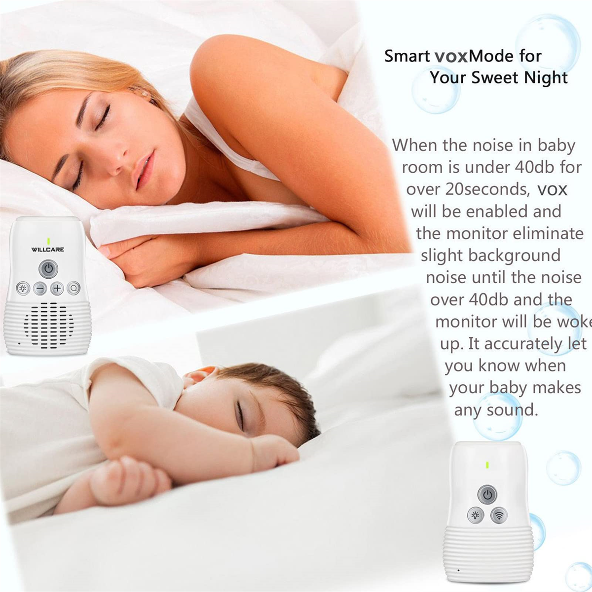 Eine schlafende Frau und ein Baby. Ein Babyphone steht auf dem Nachttisch. Text über den intelligenten VoxMode.
