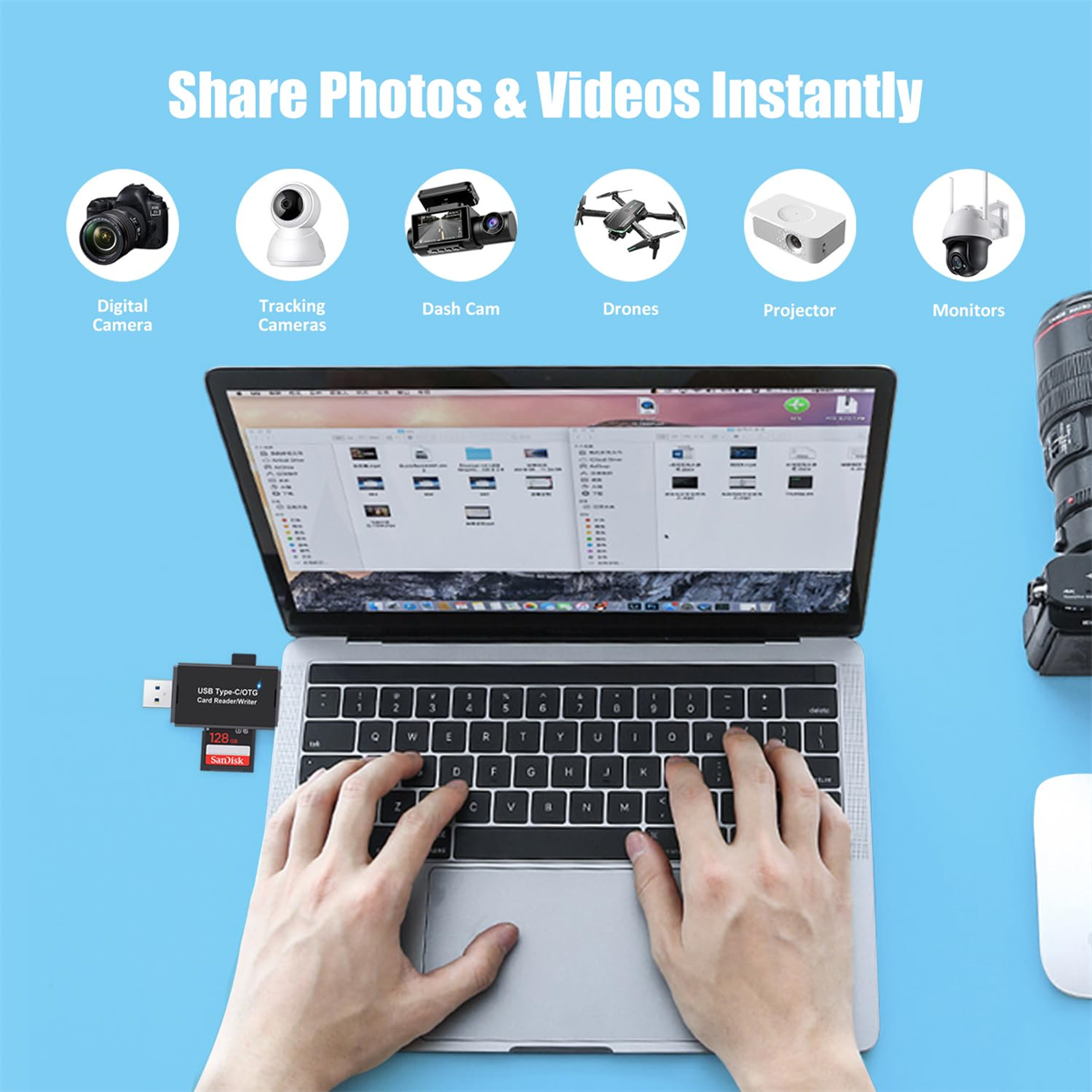 Ein Laptop mit angeschlossenem USB-Adapter, umgeben von Bildern verschiedener Kamerageräte.