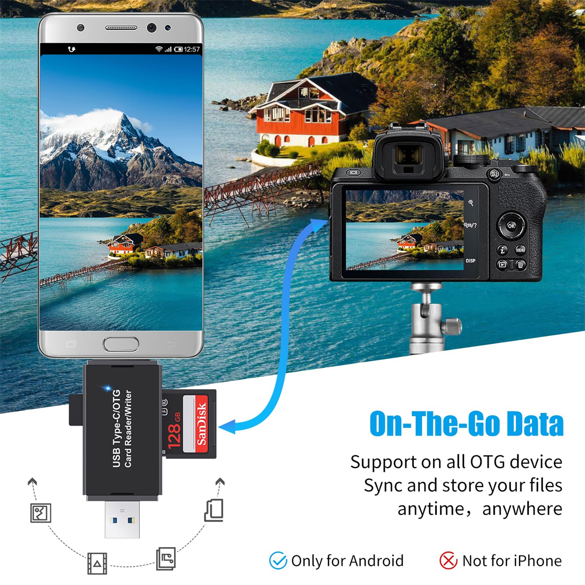 Ein Smartphone, verbunden mit einem USB-Kartenleser mit SanDisk SD-Karte und Kamera.