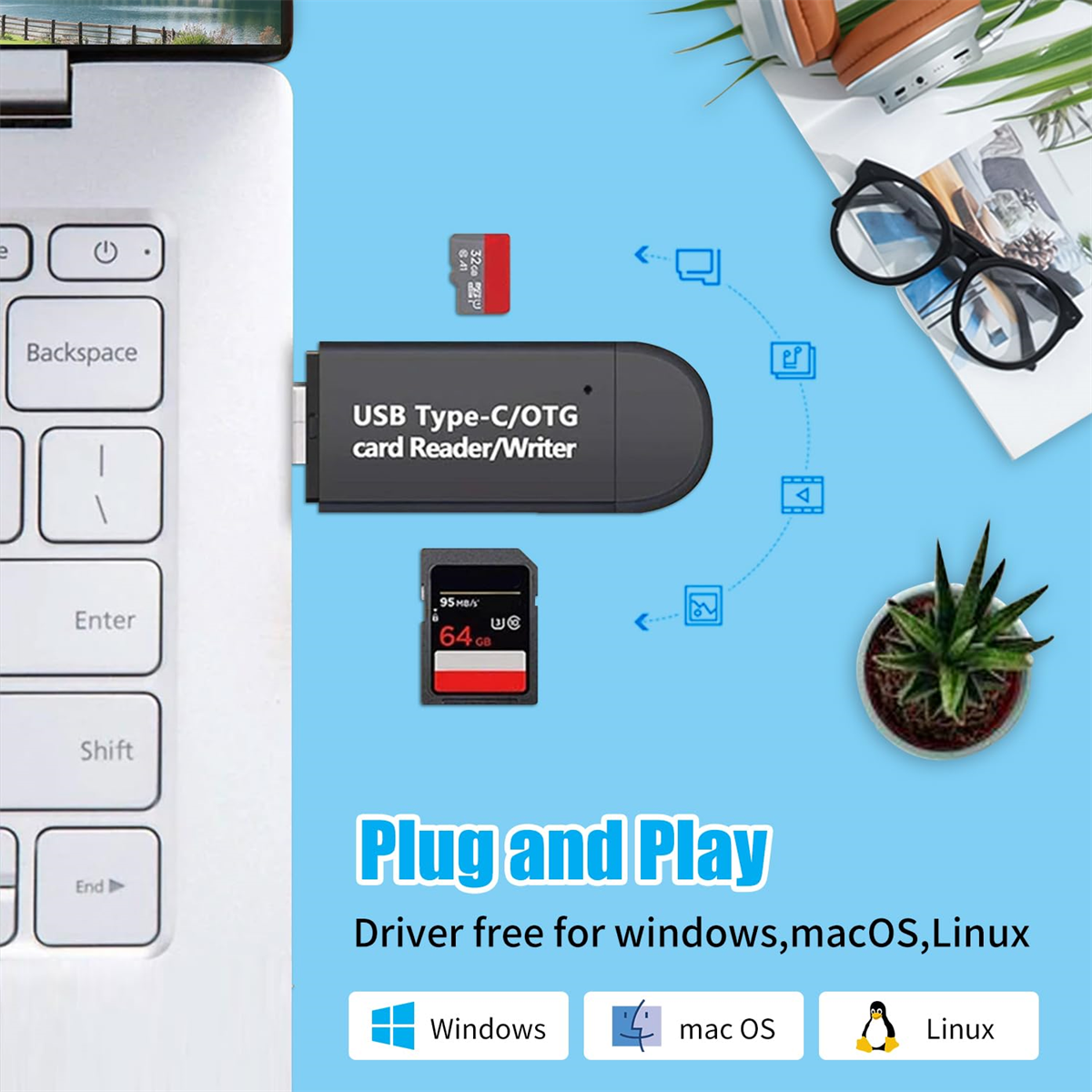 Ein USB-Kartenleser mit Micro-SD-Karte, Laptop und Zubehör.
