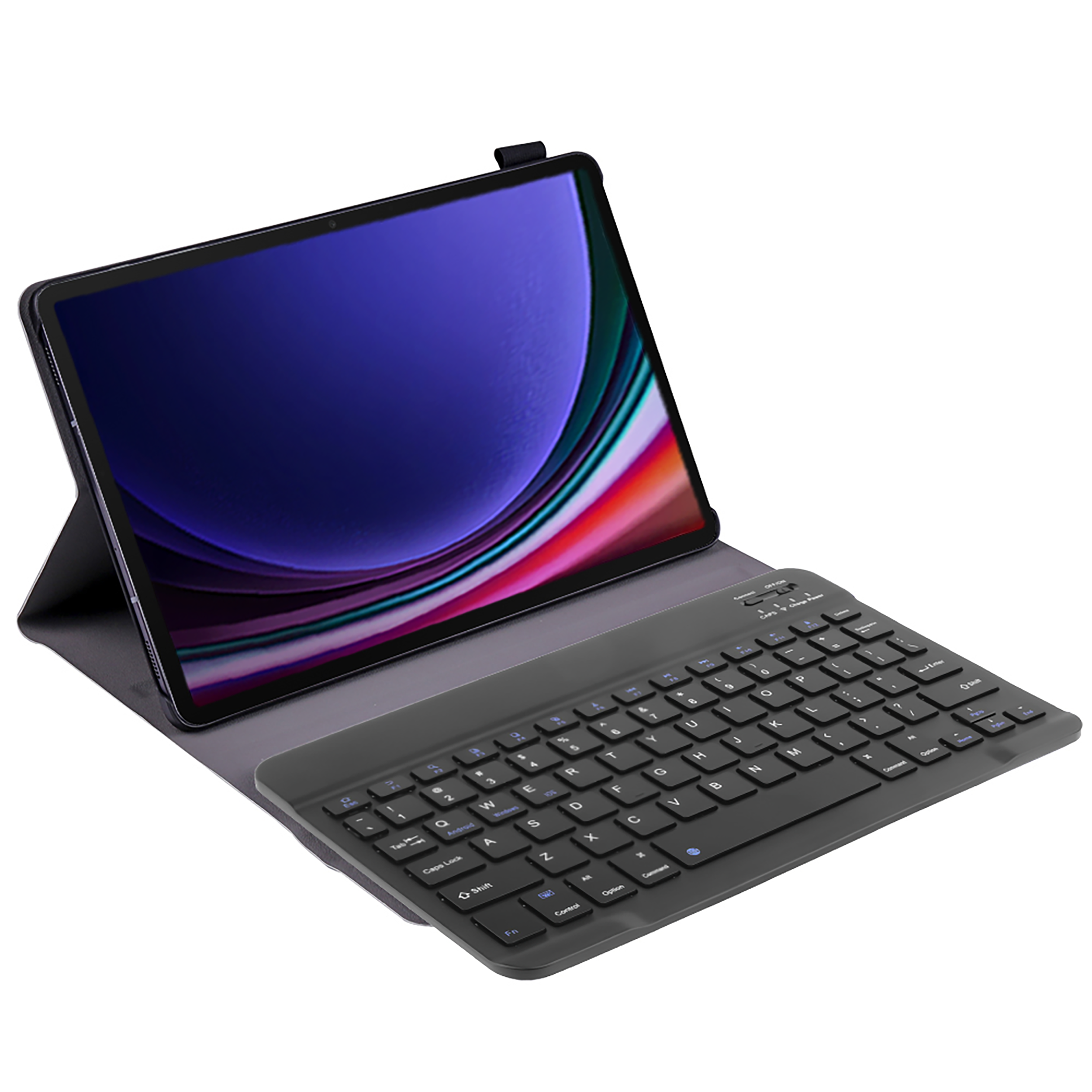 Tablet mit Tastaturhülle, geöffnet und abgewinkelt. Der Bildschirm zeigt einen farbenfrohen abstrakten Hintergrund.