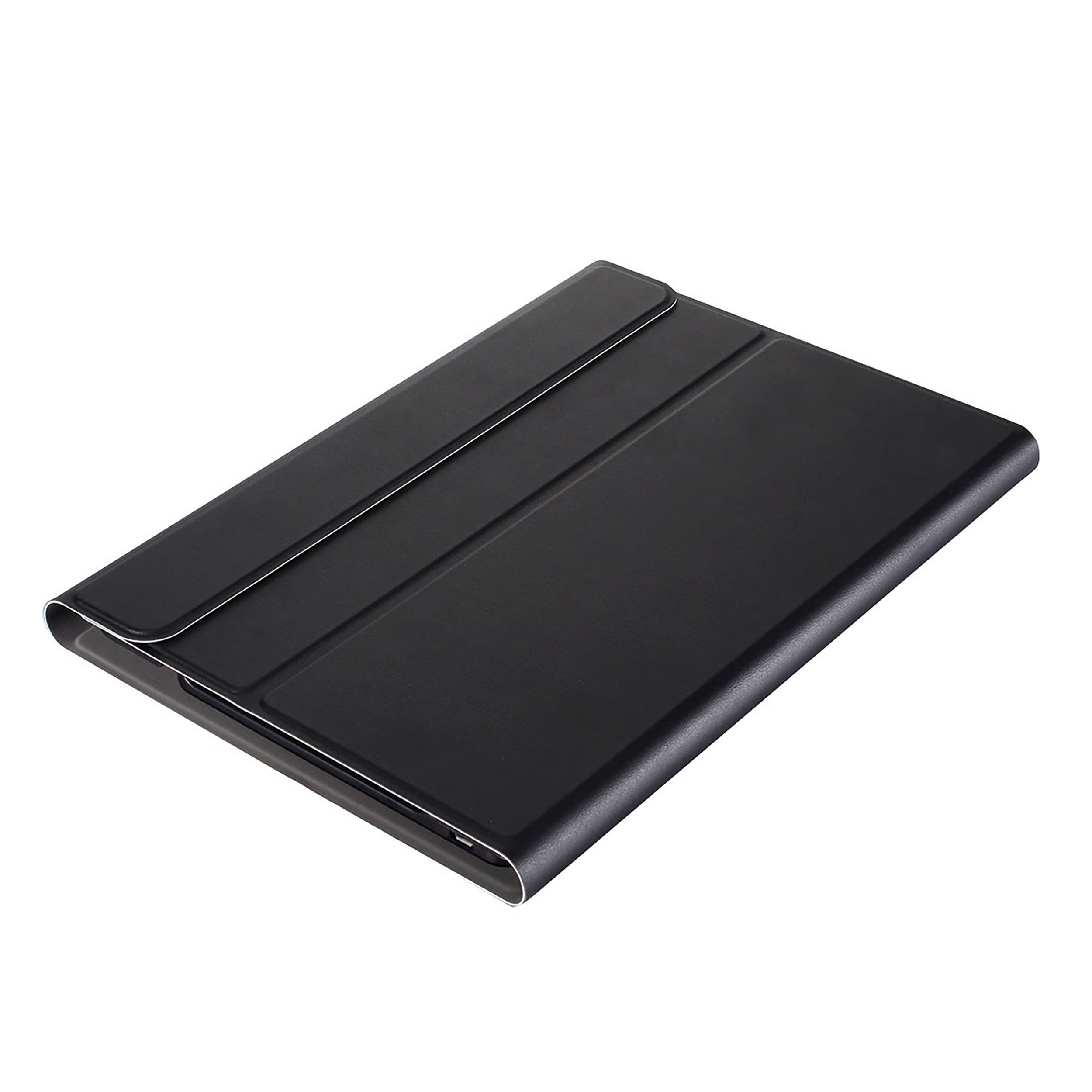 Schwarze Tablethülle, geschlossen, mit Klappe und silberner Kante.