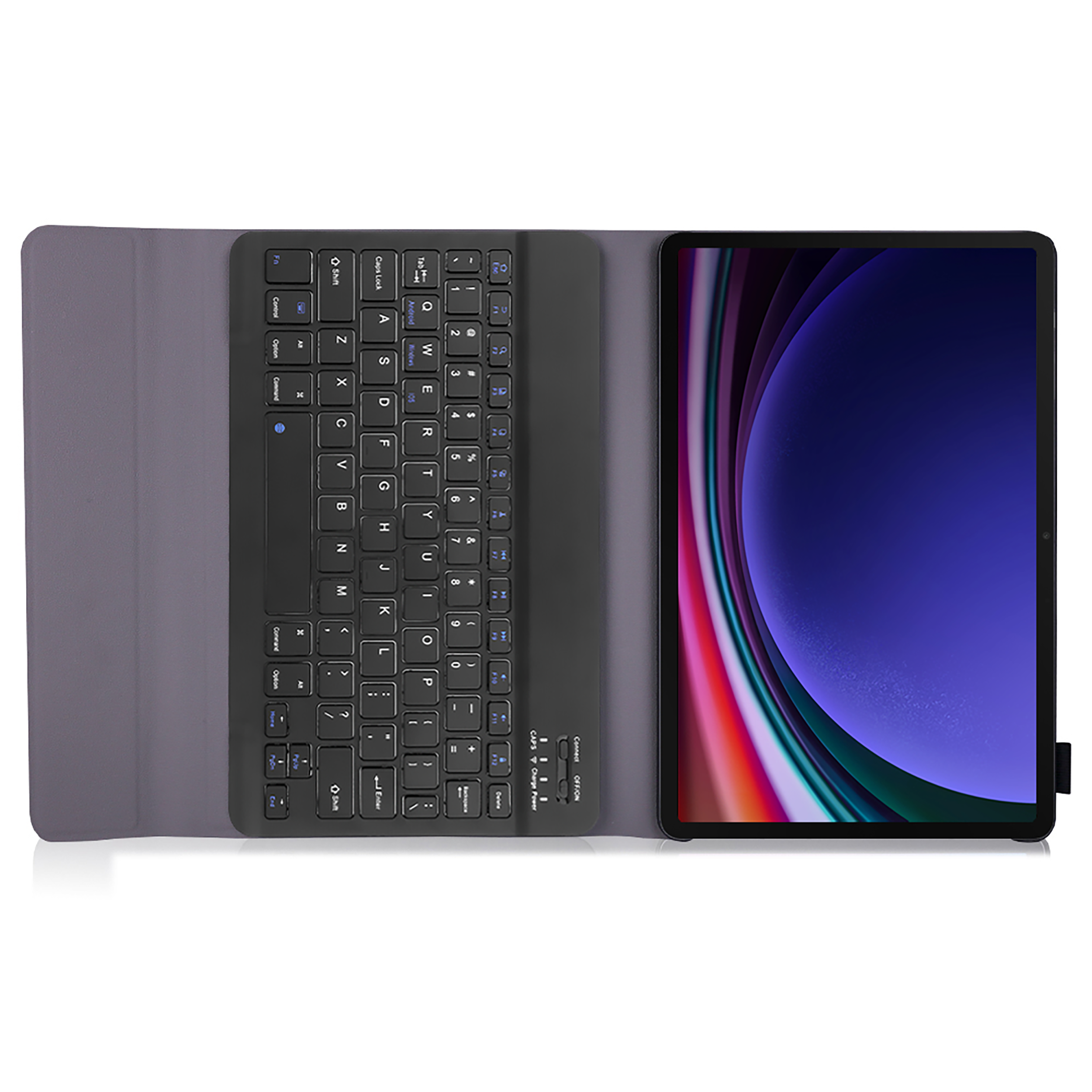 Tablet mit schwarzer Tastaturhülle. Das Tablet befindet sich rechts. Graues Gehäuse. Weißer Hintergrund.