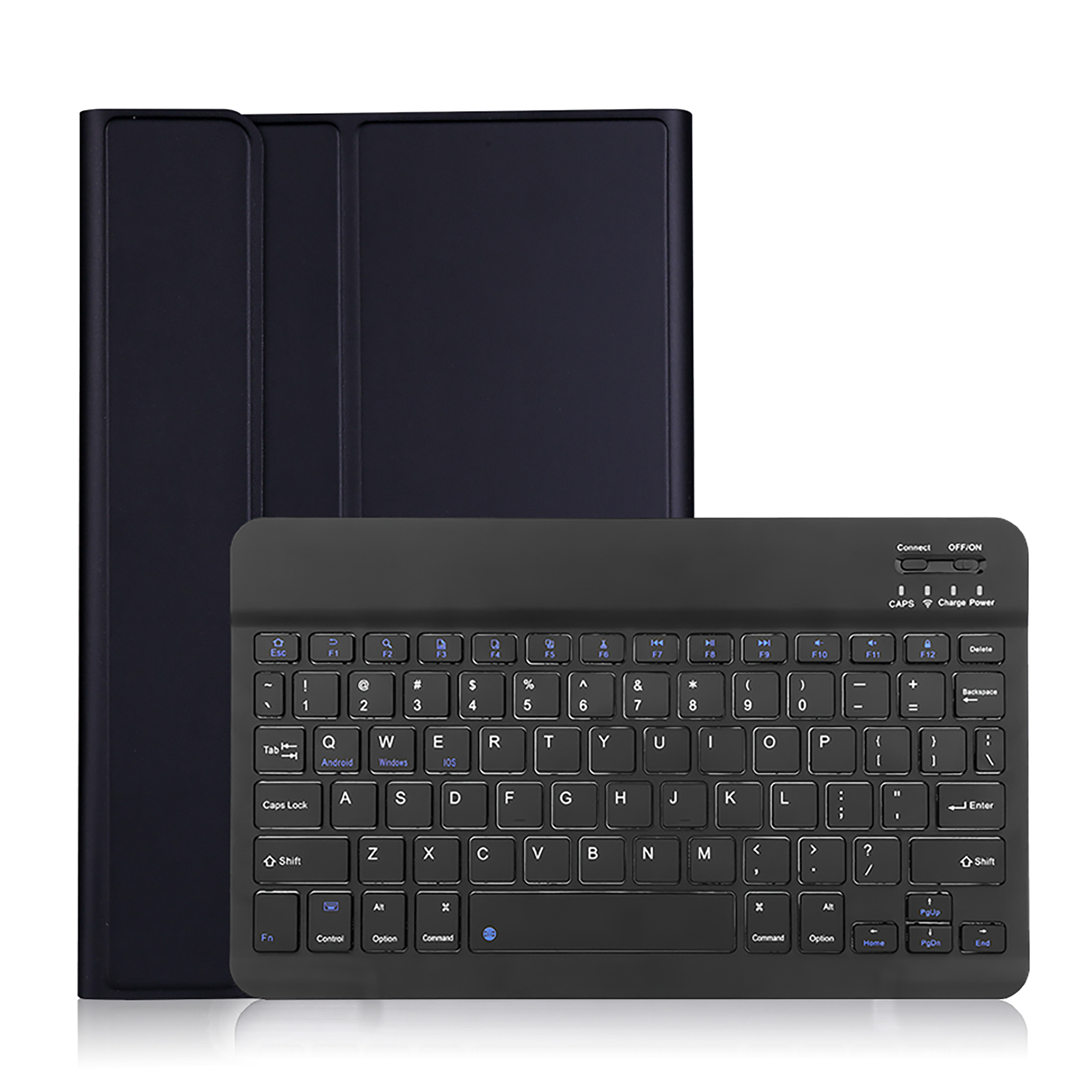 Eine schwarze Tastatur mit Hülle steht vor weißem Hintergrund. Die Tastaturtasten sind sichtbar.