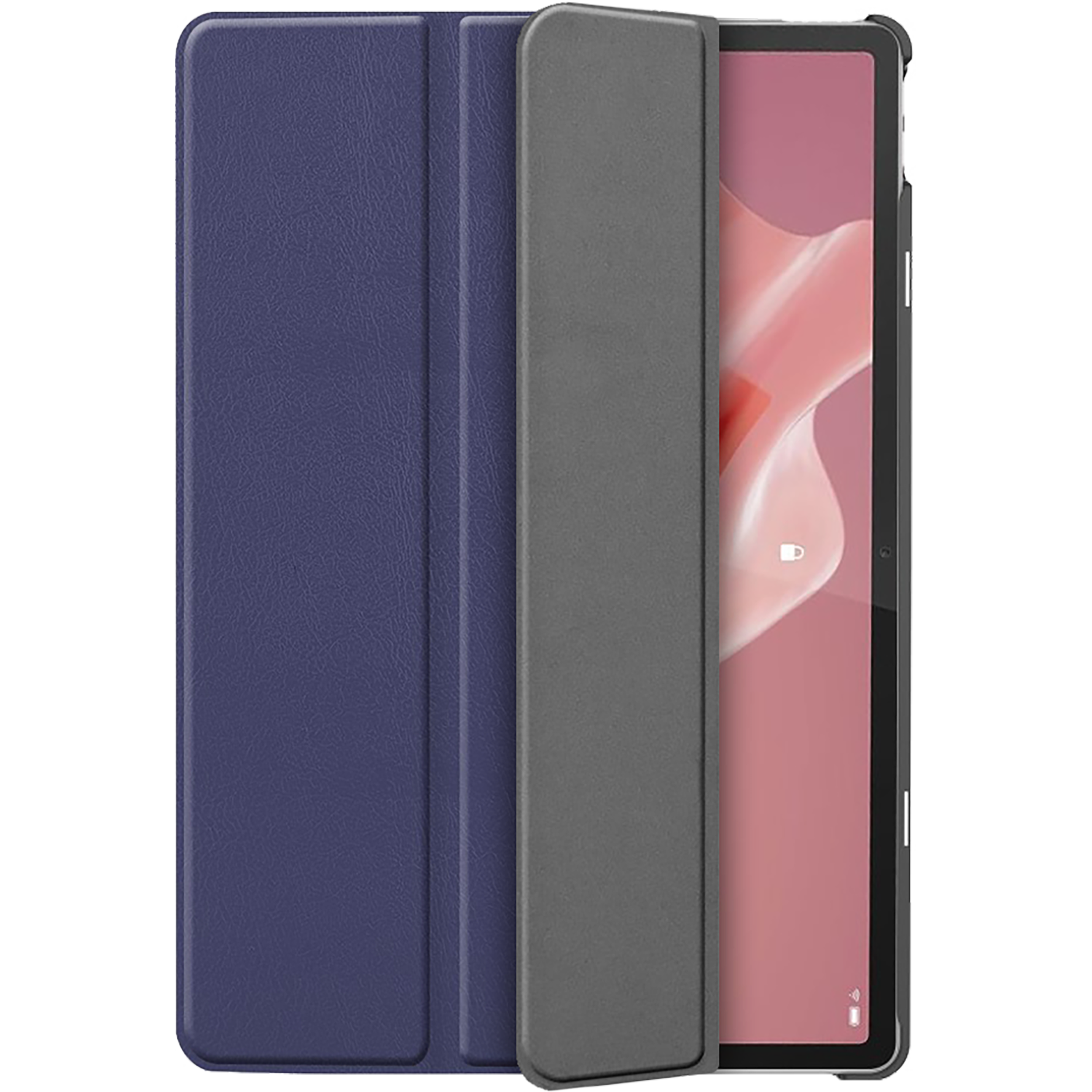 Ein Tablet mit blauer Hülle. Der Bildschirm zeigt ein rosa Bild. Der Hintergrund ist schwarz.