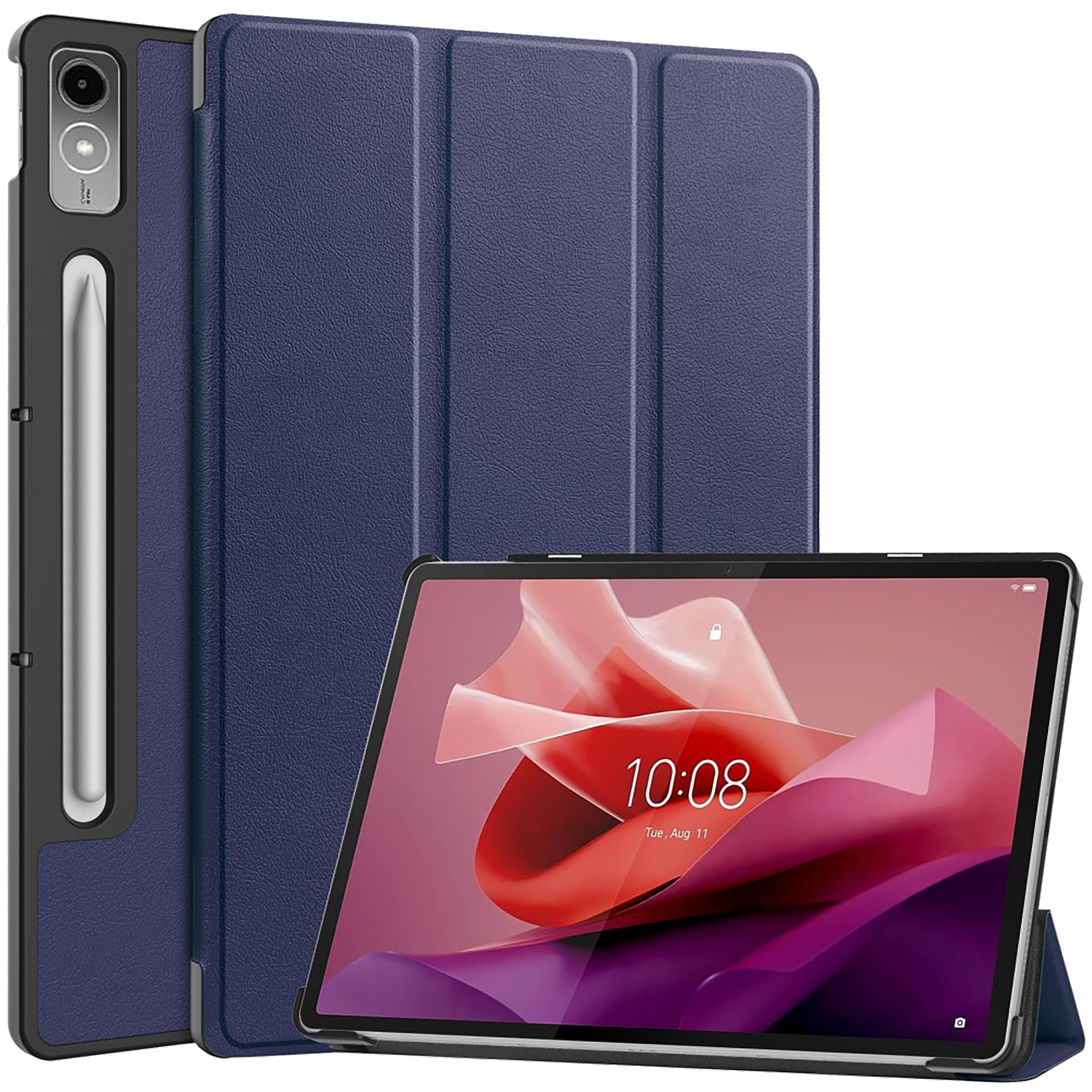 Ein Tablet mit blauem Gehäuse und einem Stift. Der Bildschirm zeigt eine rosa und lila Grafik.