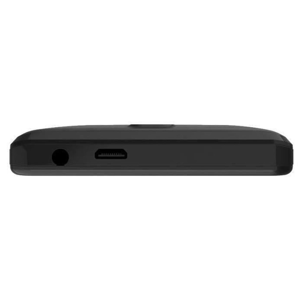 Schwarze Telefonunterseite mit Anschluss und Kopfhöreranschluss.