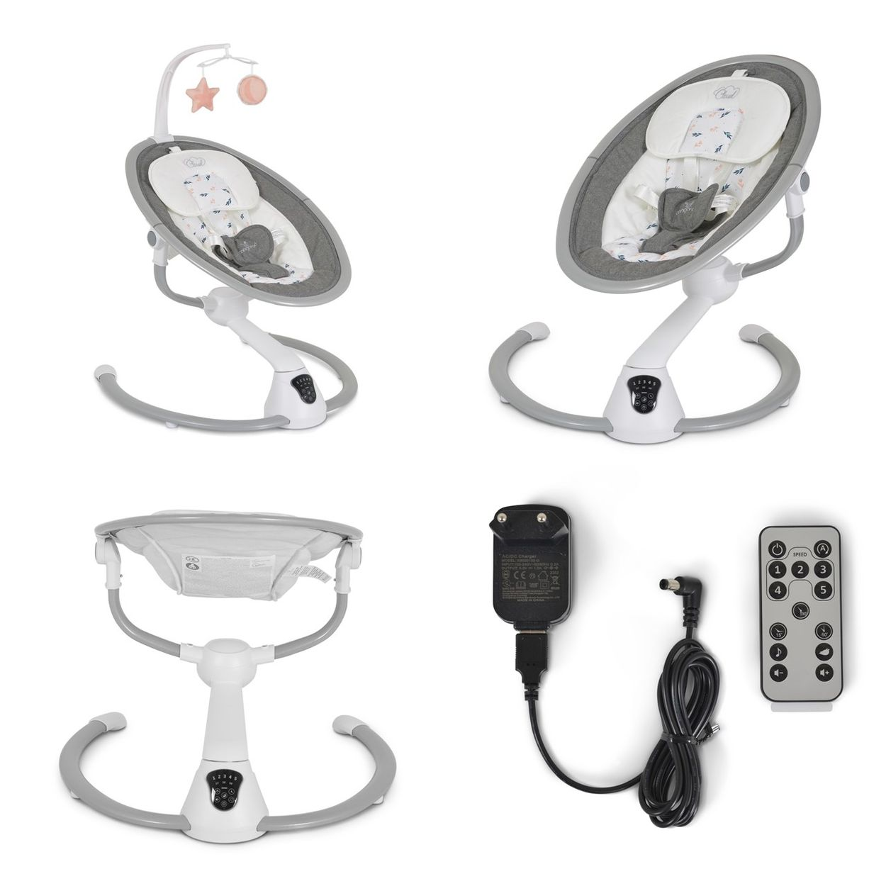 Mehrere Ansichten eines Babyschaukel-Sets, mit Netzteil und Fernbedienung.