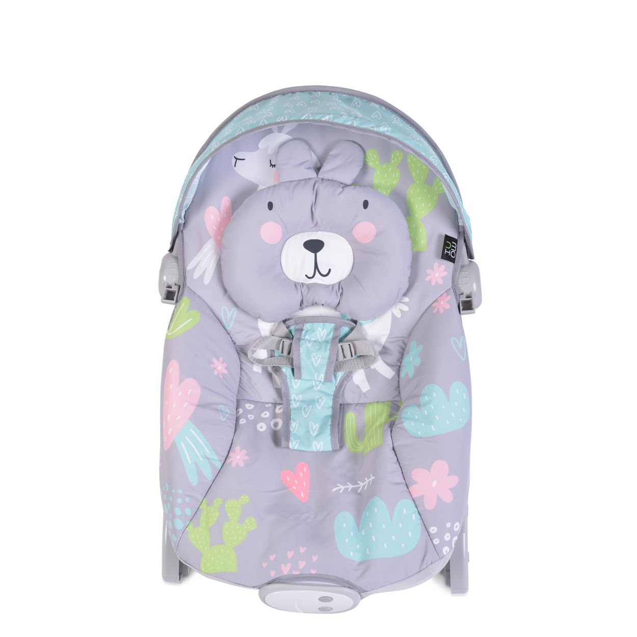 Graue Babywippe mit Bärdesign und Kaktus- und Herzmustern.