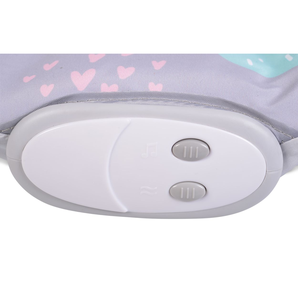 Nahaufnahme eines grauen Babywippe-Bedienfelds mit Knöpfen und Symbolen.