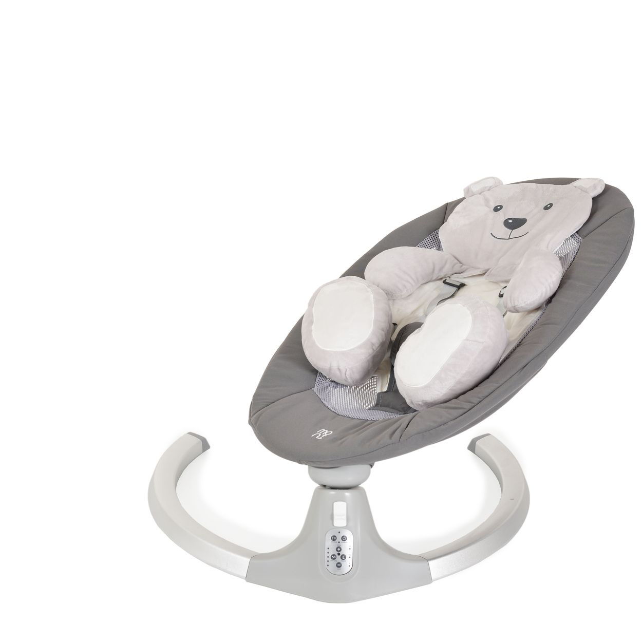 Babywippe mit Bärenkopf. Grau- und Weißtöne.