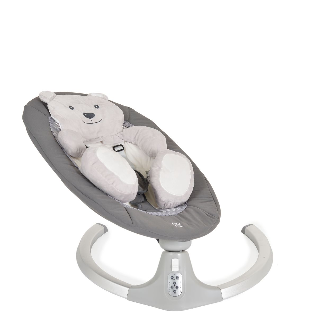 Graue Babyschaukel mit Teddybär-Kopfstütze, auf weißem Hintergrund, schräge Ansicht.