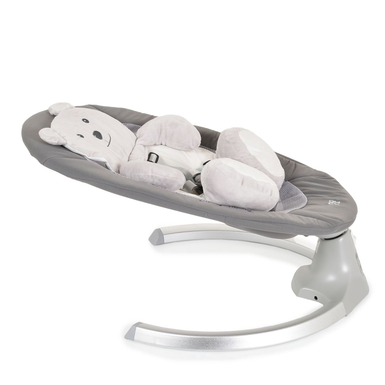Ein grauer Babyschaukelstuhl mit einem Bärenkopf.