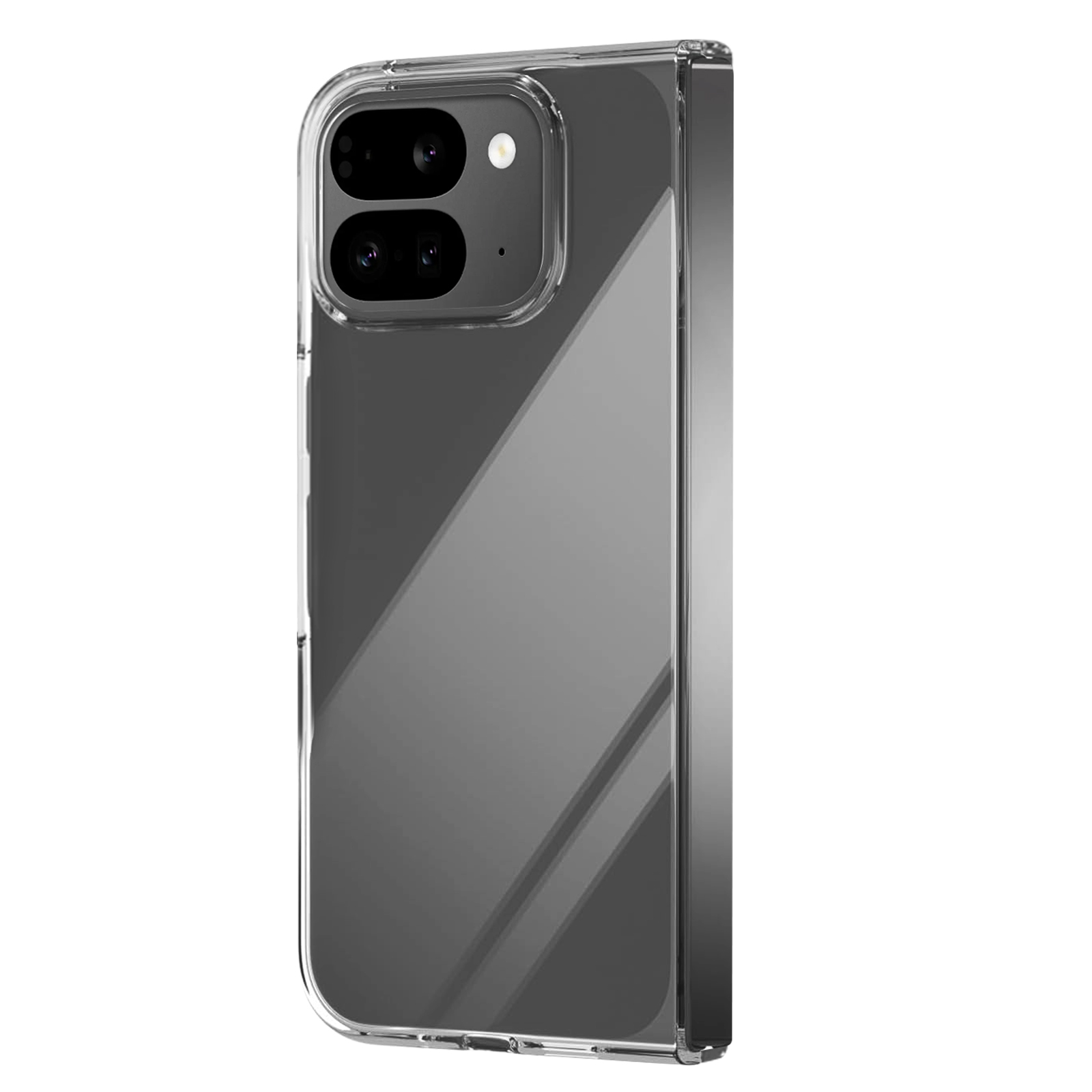 Una custodia trasparente per telefono. È mostrata di lato e ha un ritaglio per la doppia fotocamera.