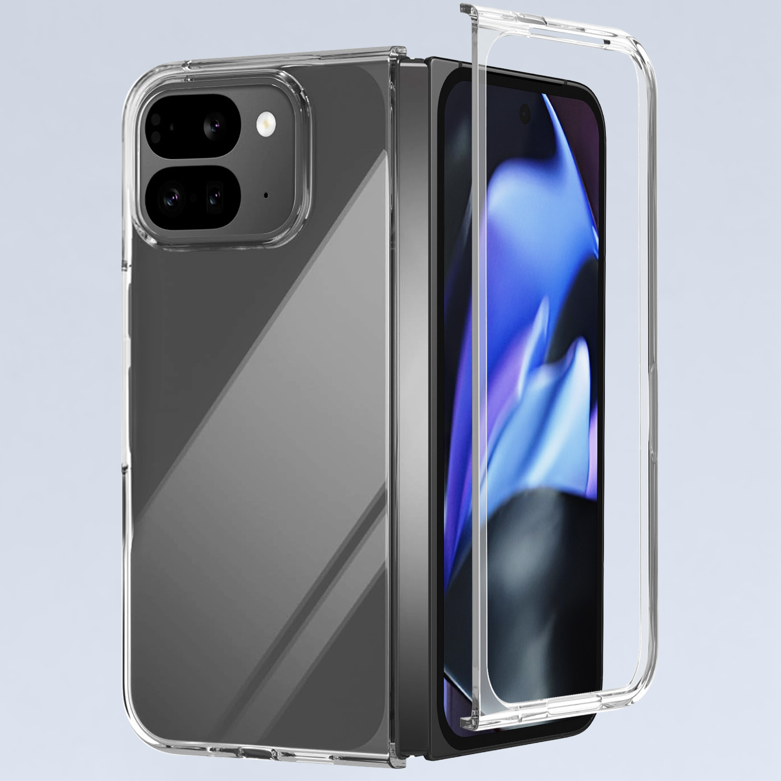 Una custodia trasparente per telefono con un telefono all'interno, che mostra lo schermo del telefono. La custodia ha un coperchio.