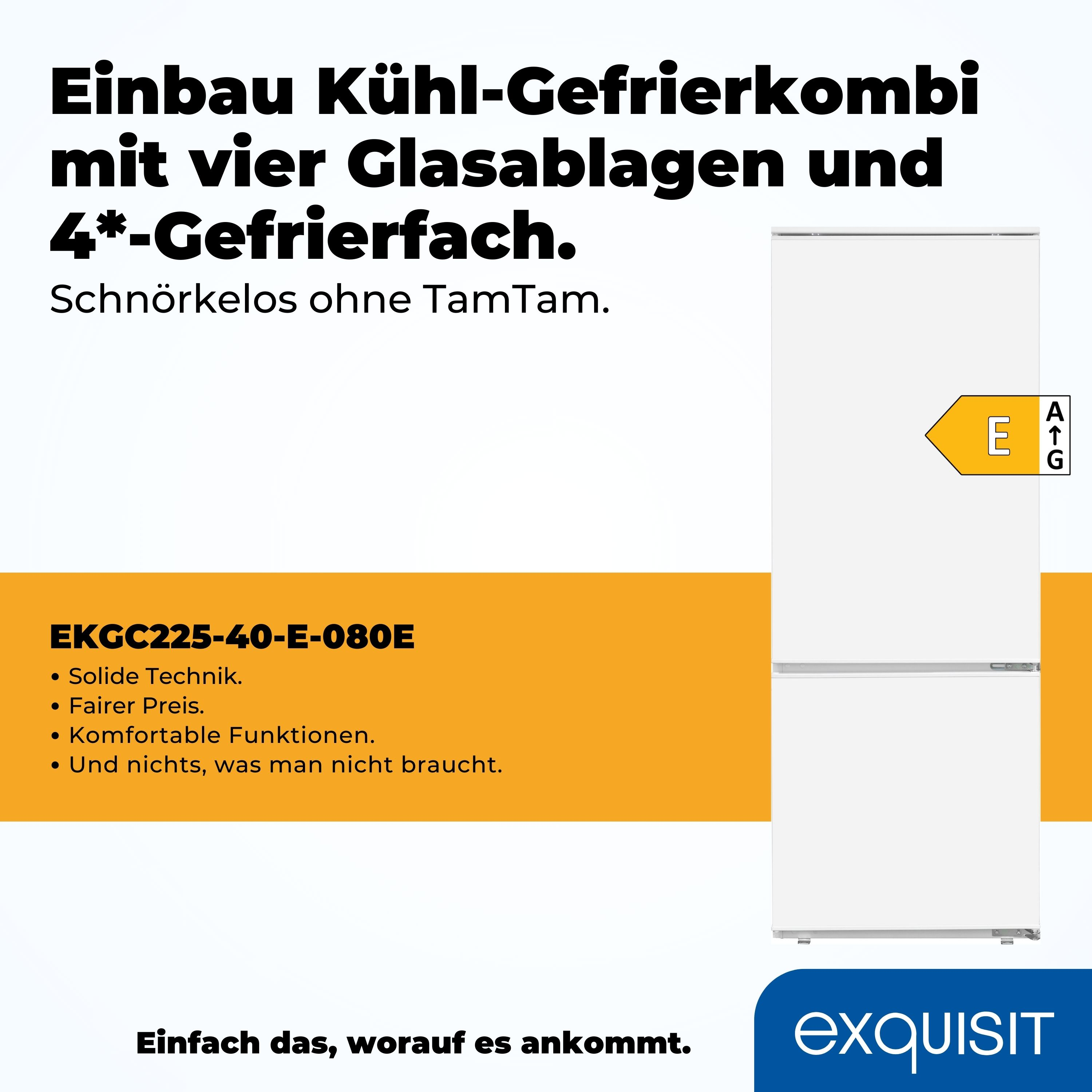 Weißer Kühlschrank mit zwei Türen, Produktdetails und gelbem Energieetikett.