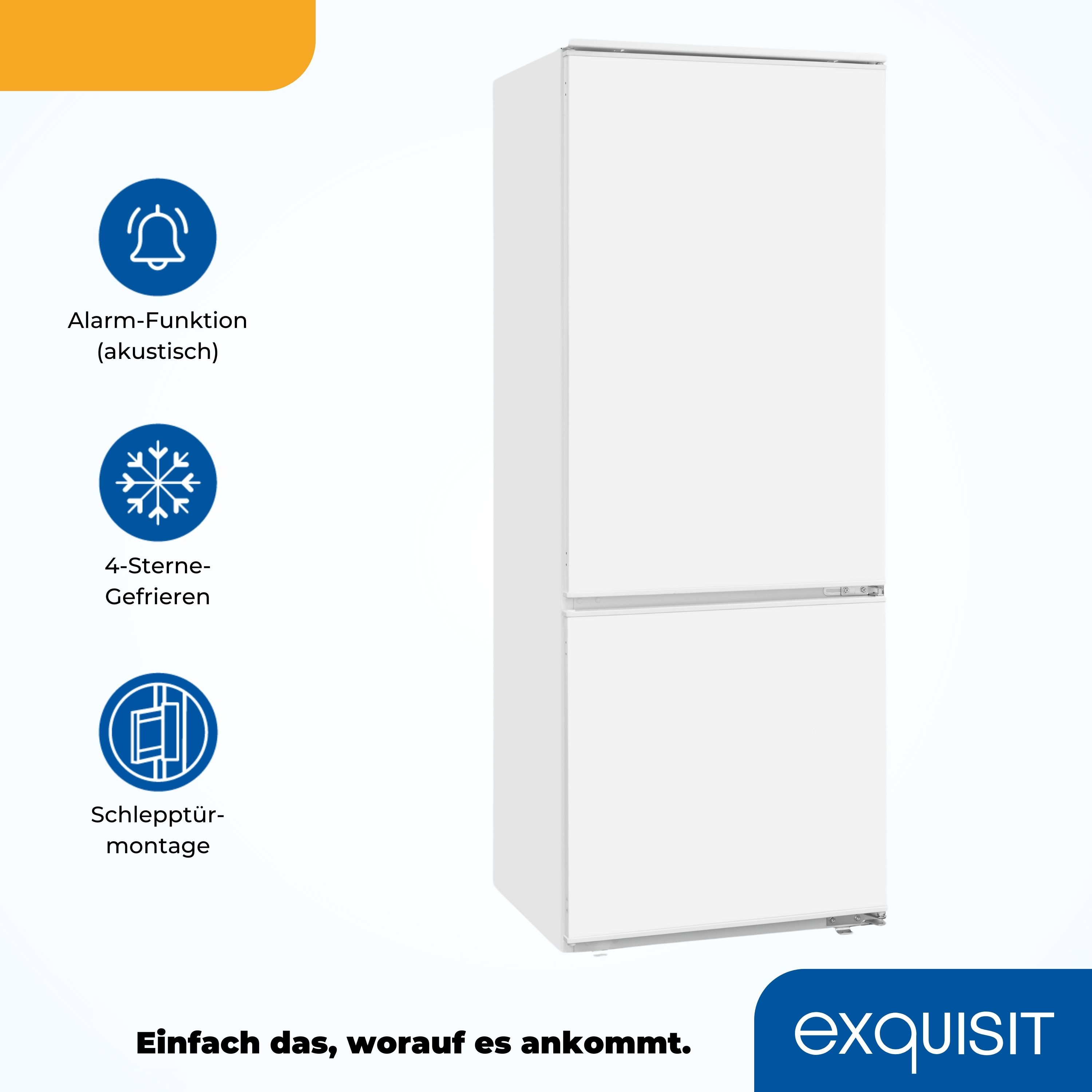 Weißer Kühlschrank mit zwei Türen. Text mit Symbolen: Alarm, 4-Sterne-Gefrieren und Türmontage.