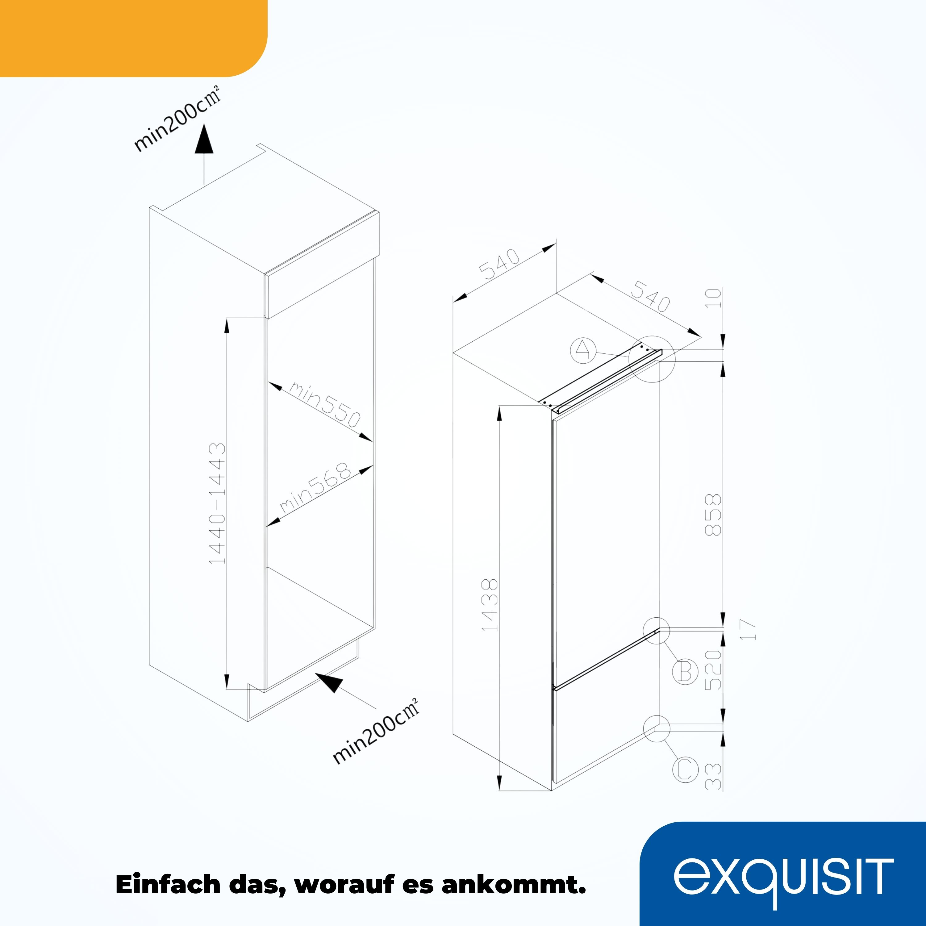 Eine Diagramm eines Kühlschranks mit Abmessungen und Beschriftungen auf Deutsch, auf weißem Hintergrund.