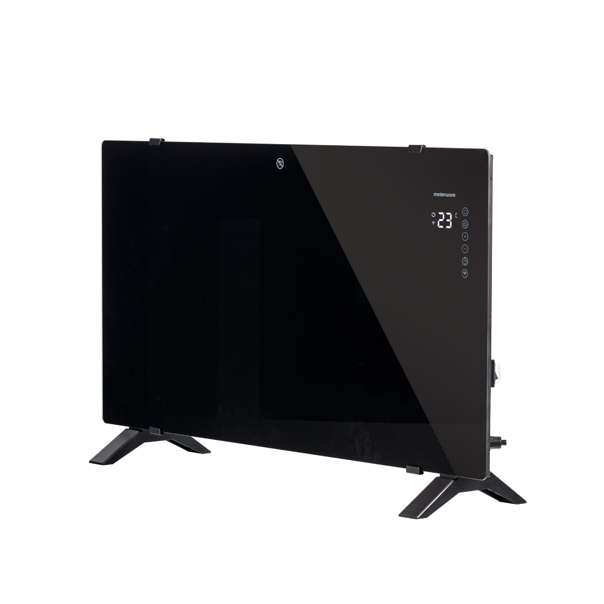 Calentador de panel de vidrio negro con pantalla digital y soporte, sobre fondo blanco.
